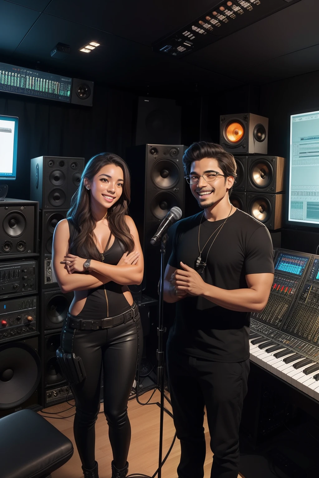 ilustre esse prompt de comando: Image of a modern recording studio, com participantes ansiosos sentados ao redor. Alex Stone and Mia Vega are in front, smiling as they share their inspiring stories.