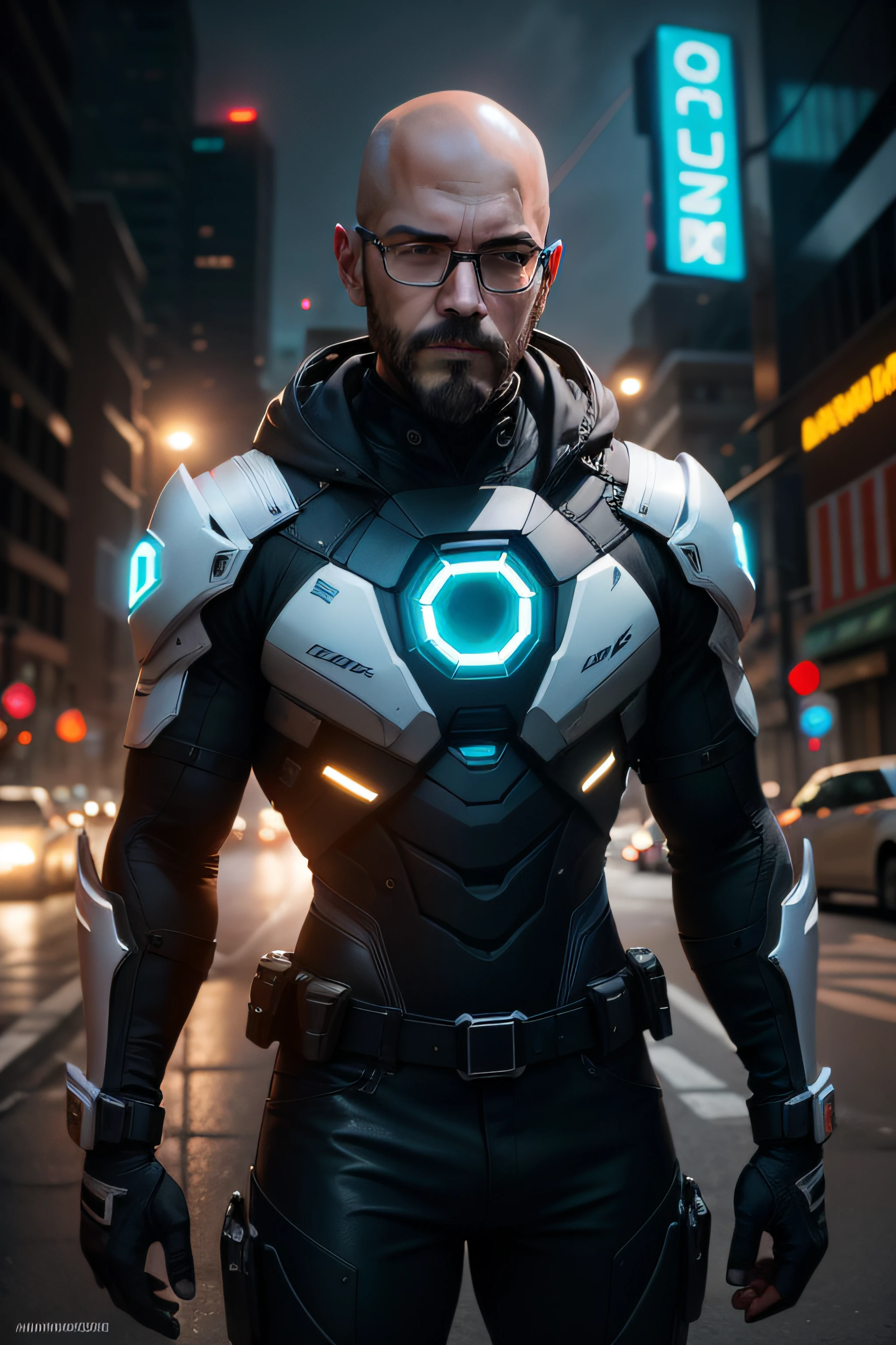 Homem careca no centro da imagem, Cyberpunk style city at night, com luzes neon, wearing jacket and wearing glasses Cinematic lighting, Motor Unreal 5,  cinemactic, color grading, Fotografia Editorial, Photo Session, Tiro em lense 70mm, profundidade de campo, DOF, Tilt Blur, Velocidade do obturador 1/1000. F/22, White balance, 32k, Super-Resolution, Megapixel, ProPhoto RGB. SEX, alto, epics, Artgerm, Alex Ross, Halfrear Lighting, luz de fundo, natural lighting, Incandescente, Optical, Fibra, Moody, The lighting, cinemactic, lightnings, Lightning Studio, Soft Lightning, volumetric, Uplighting, Dark lighting, highlight lighting, global ilumination, Global Screen Space Illumination, ray tracing, global ilumination, Luz de aro vermelha, cool color grading 45%. Optics, Scattering, brilhante, Sombras, Rough, Cintilante, ray tracing reflections, Lumen reflections, screen space reflections, Diffraction Grading, chromatic, Aberration, Deslocamento de GB, Linhas de varredura, Ray Traced, Occlusion of the Ray Tracing Environment, antialiasing, FKAA, TXAA, RTX, SSAO, Shaders, OpenGL-Shaders, GLSL-Shaders, Post processing, post - production, O Sombreamento, Mapeamento de tons, CGI VFX, SFX, Insanamente detalhado e intrincado, hipermaximalista, elegante, hyper realistic, supee detalhado, dynamic pose, Centrado, fotografia