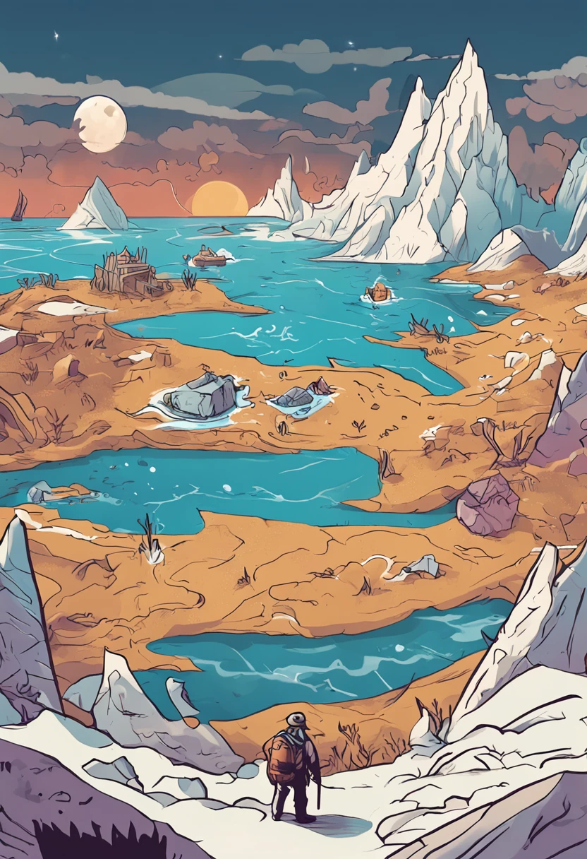 One day, explored, ice cave, found, old mysterious map, showed distant island, said to have hidden treasure, excited, grand adventure, decided, search for legendary treasure.