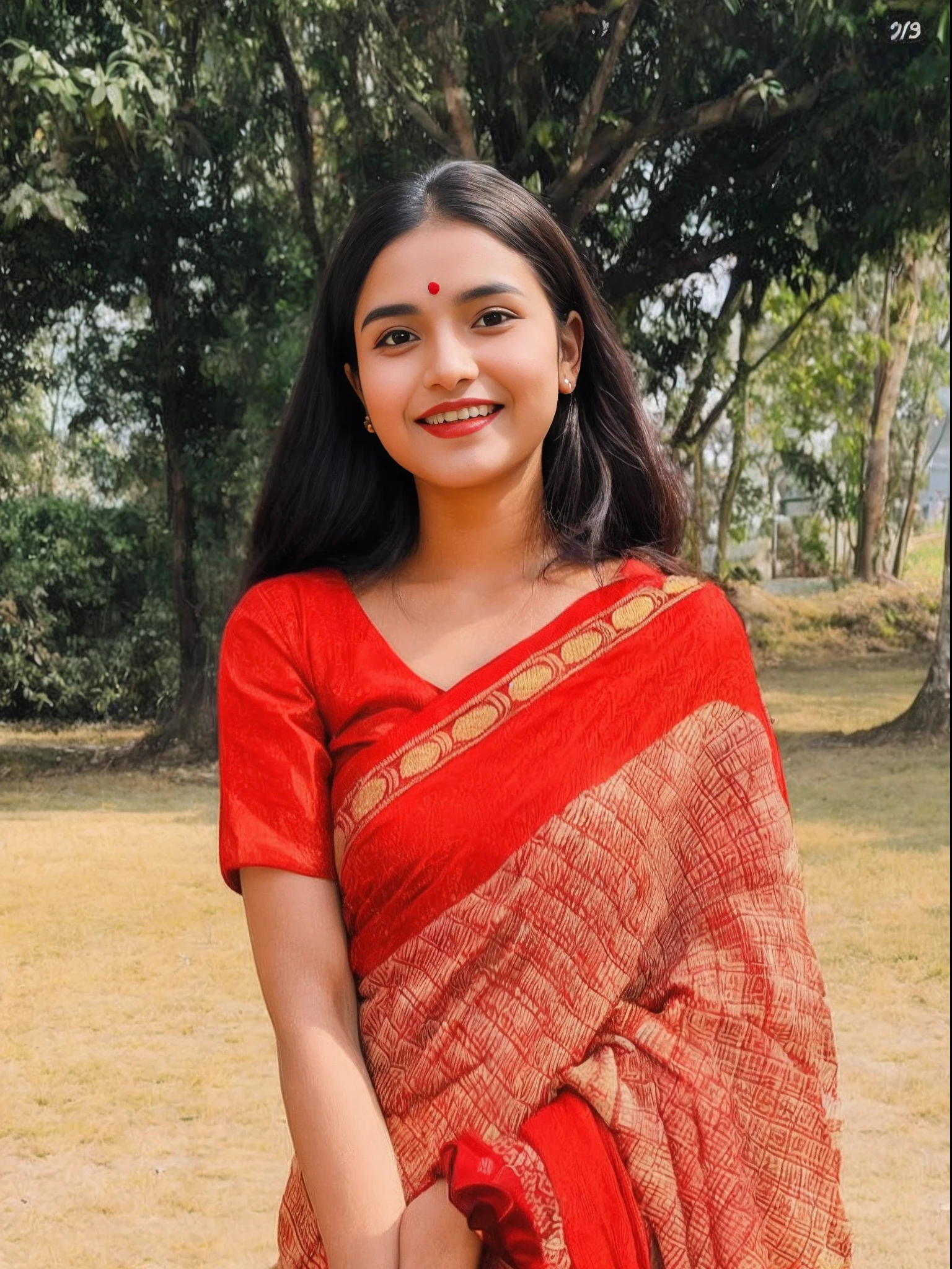 a woman in a red and gold sari smiles for the camera, assamese aesthetic, traditional beauty, dressed in a sari, beautiful young himalayan woman, wearing bihu dress mekhela sador, assamese, wearing a sari, beautiful himalayan woman, young himalayan woman, nivanh chanthara, very extremely beautiful, with a beautifull smile