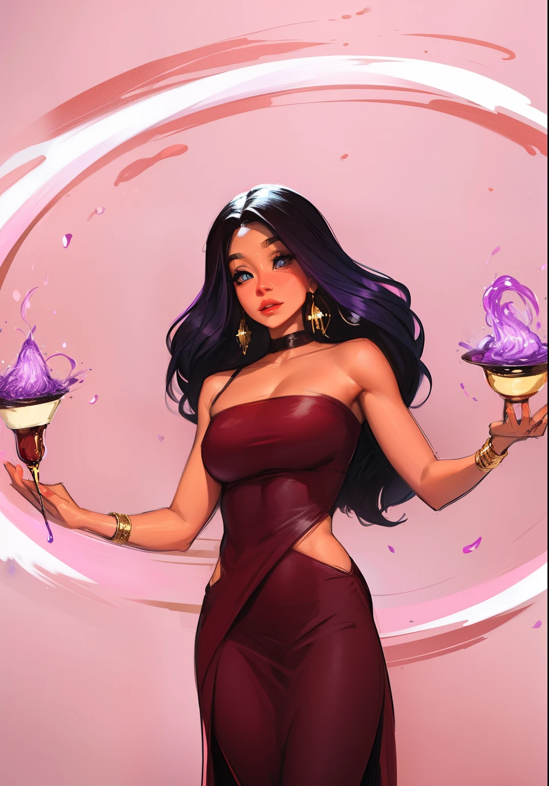 ((23 year old woman)), ((indigenous)), ((native american)), ((brown skin)), ((has red tattoos depicting nature all over her arms and legs)), ((labret piercing, healed burn scars on wrists)), ((high cheekbones)), ((rounded oval face)), ((slim figure)), ((anthic folds at the outer corners of eyes)), ((almond shaped eyes)), ((prominent nose)), ((deep red lipstick)), ((black hair tied back in a braided bun and purple ribbon)), ((long purple dress)), ((mischievous smile)), ((hazel eyes)), ((best quality)), ((black skin))