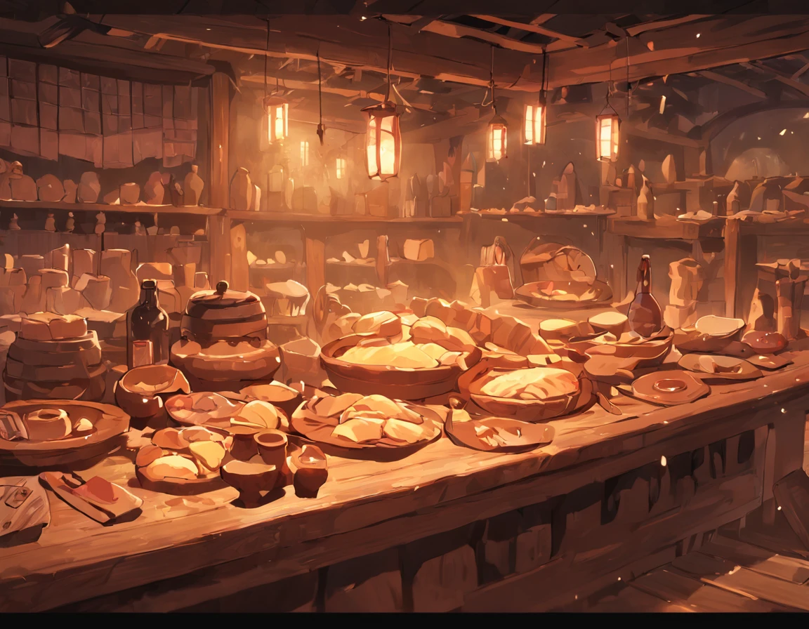 Foto realista, qualidade 4K, highes definition, cinematiclight, foco nítido, mesa em madeira, tipo pinho, madeira envelhecida, foco da imagem no meio da mesa, for ah a clay jar with wine to the brim, and clay pot with bread, ao lado de copos de jarro, On the table only has these items, mood lighting, Nortunoo Zone, com janelo para o campi