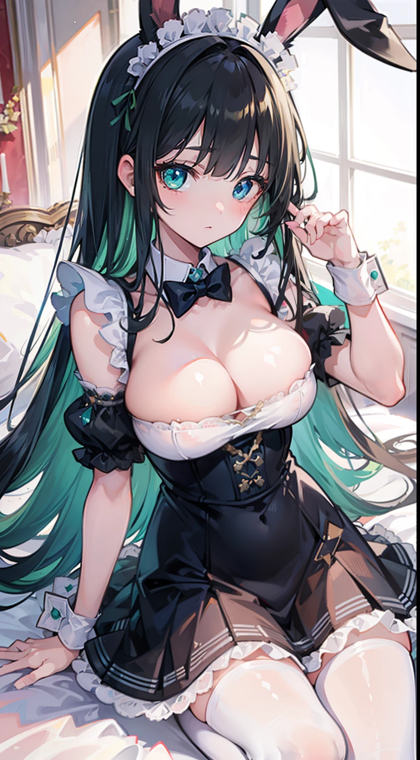 High quality, masterpiece, ultra-detailed, 1girl,  maid outfit, solo, peaceful expression, long black hair, enchanting eyes, blue and green eyes, heterochromia,  ears, ridiculously , shiny skin, bedroom