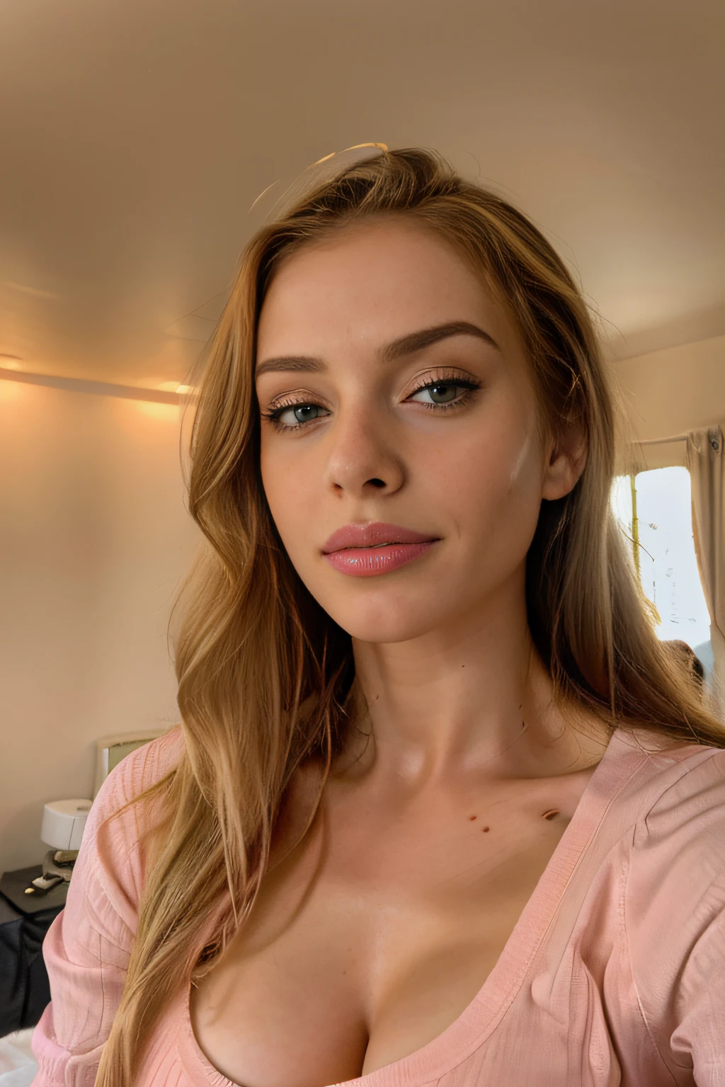 ((mulher loira)), blonde, MORNING WAKE UP, SELFIE SHOT, in bedroom, no make up, Amouranth, mais conhecido como Amouranth, street, jovem Amouranth bonito, ((louro)),