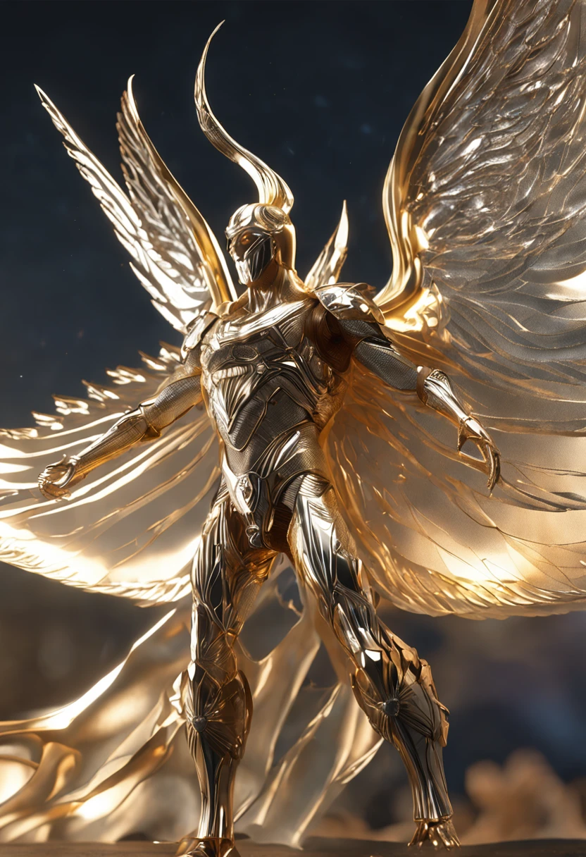 (Ultra resolution 8K), (Obra-prima ultra detalhada), "DO ANJO JUSTO": It possesses an imposing presence with majestic wings unfolding on its back., radiating an ethereal glow. Sua Armadura Celestial, composed of gold and shiny metal sheets, Hugs your body elegantly and protectively. His face reflects an unwavering determination with fiery eyes that glow with inner light., while his lips remain firm in a gesture of determination.Carrega uma espada de design celestial, with a blade that seems forged in divine light and energy. Seu cabelo flui em fios ondulados que se misturam com o vento, adding a touch of dynamism to your figure. The armor is adorned with sacred symbols and intricate patterns that seem to come to life with each movement., enquanto suas asas emitem um brilho suave que ilumina seus arredores.This righteous angel personifies the fusion of heavenly grace and unwavering determination., A figure who inspires wonder and hope in his quest for justice and righteousness.