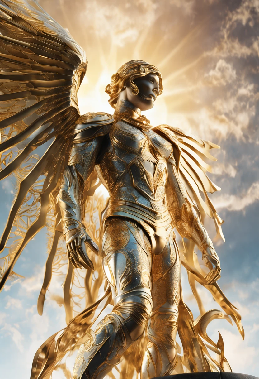 (Ultra resolution 8K), (Obra-prima ultra detalhada), "DO ANJO JUSTO": It possesses an imposing presence with majestic wings unfolding on its back., radiating an ethereal glow. Sua Armadura Celestial, composed of gold and shiny metal sheets, Hugs your body elegantly and protectively. His face reflects an unwavering determination with fiery eyes that glow with inner light., while his lips remain firm in a gesture of determination.Carrega uma espada de design celestial, with a blade that seems forged in divine light and energy. Seu cabelo flui em fios ondulados que se misturam com o vento, adding a touch of dynamism to your figure. The armor is adorned with sacred symbols and intricate patterns that seem to come to life with each movement., enquanto suas asas emitem um brilho suave que ilumina seus arredores.This righteous angel personifies the fusion of heavenly grace and unwavering determination., A figure who inspires wonder and hope in his quest for justice and righteousness.