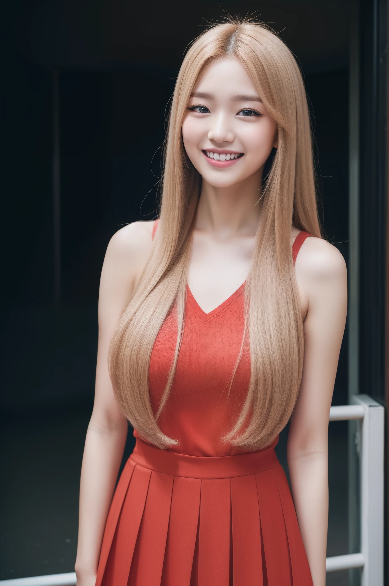 Korea person、Long hair & hair、面長、a blond、dual、Eyes are clear、Soft lips、Height 158cm、Colossal tits、cheer girl、Dancing in the gymnasium、Red skirt、full body Esbian、4K high image quality、popular person、perspiring、A sexy、Slimed、LE SSERAFIM、A smile、shot with Nikon Z9、Twin-tailed、eyes are large、Black eyes