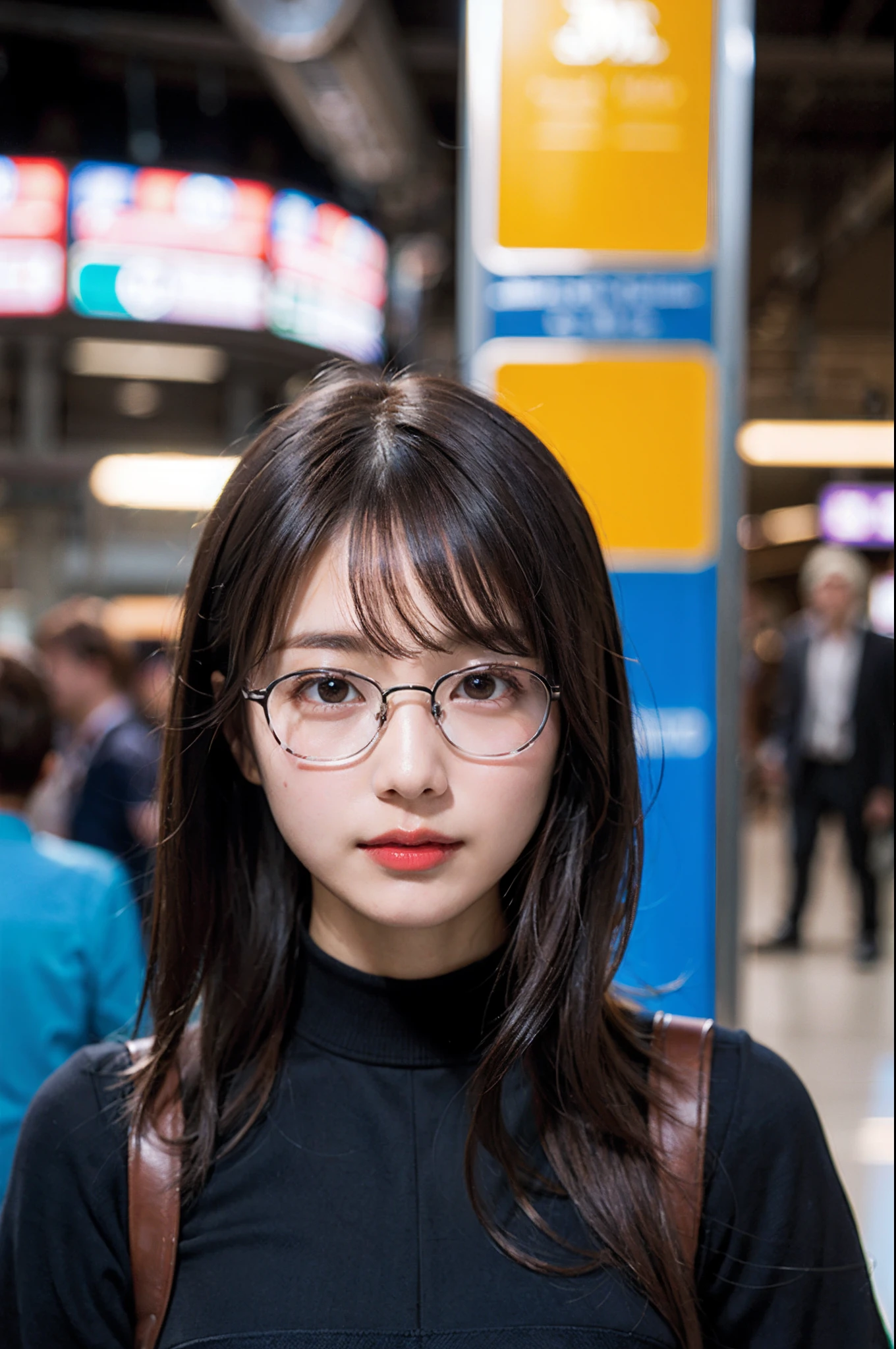 (8K、Raw photography、top-quality、masterpiece:1.2)、(realisitic、Photorealsitic:1.37)、ultra-detailliert、超A high resolution、女の子1人、see the beholder、beautifull detailed face、A smile、Constriction、(Slim waist) :1.3)、length hair、Beautiful detailed skin、Skin Texture、Floating hair、Professional Lighting、Waiting for the train at the platform、Square glasses with black rimming 、Whole human body、Brown hair