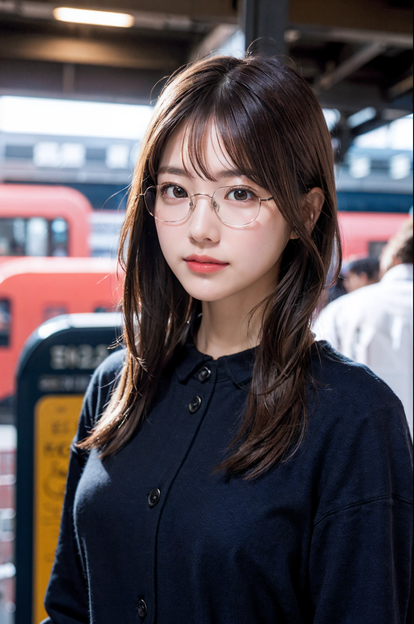 (8K、Raw photography、top-quality、​masterpiece:1.2)、(realisitic、Photorealsitic:1.37)、ultra-detailliert、超A high resolution、女の子1人、see the beholder、beautifull detailed face、A smile、Constriction、(Slim waist) :1.3)、((Light blue blouse clothes))、Beautiful detailed skin、Skin Texture、Floating hair、((length hair))、Professional Lighting、In front of the station at noon、((Black square glasses  ))、Whole human body、Brown hair