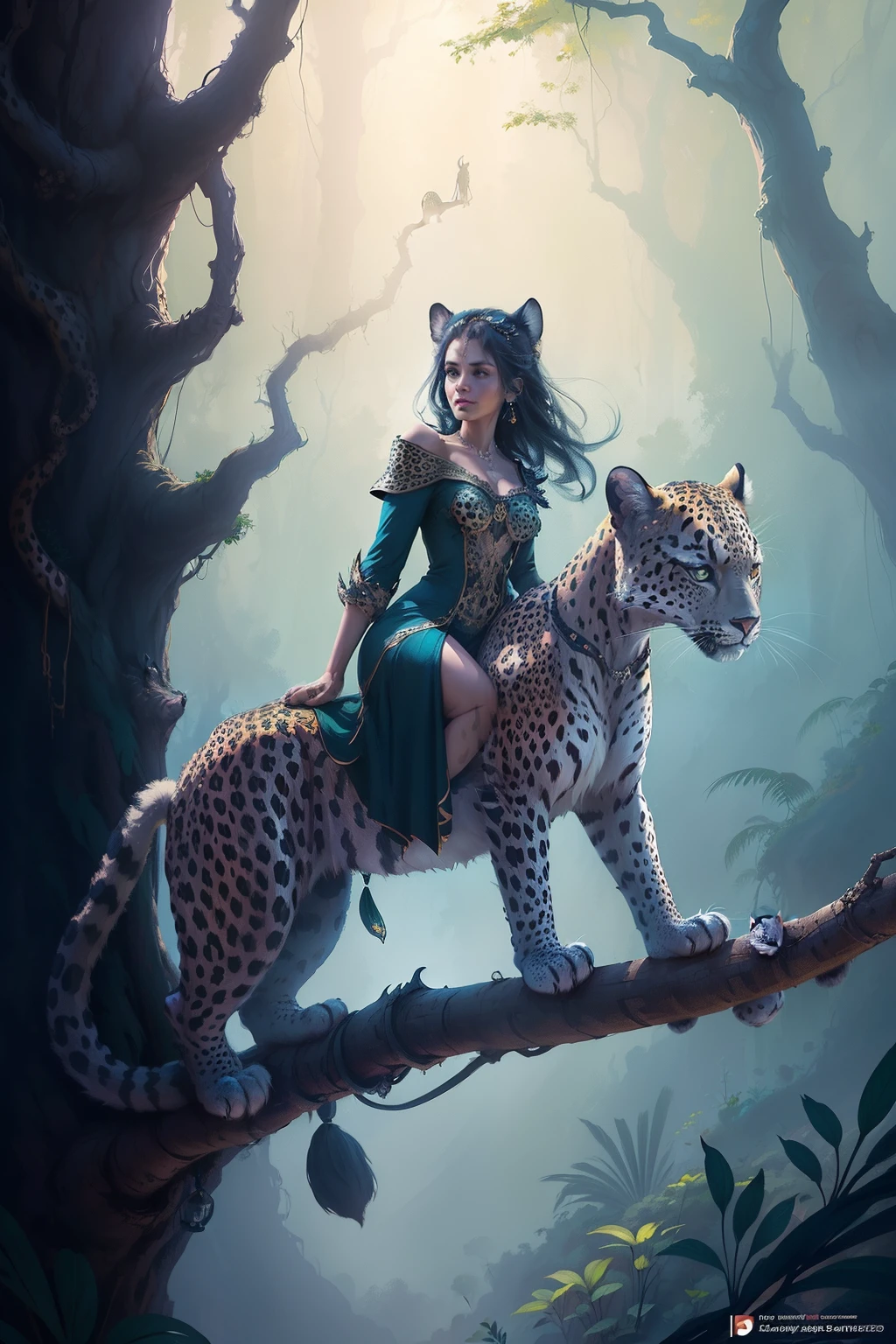 A woman with a leopard sits on a tree, in style of digital illustration, exquisite digital illustration, digital fantasy illustration, fantasy art style, stylized digital illustration, realistic fantasy illustration, stunning digital illustration, fantasy style art, cover illustration, in the art style of bowater, full color digital illustration, Fantasy illustrations, fantasy art behance