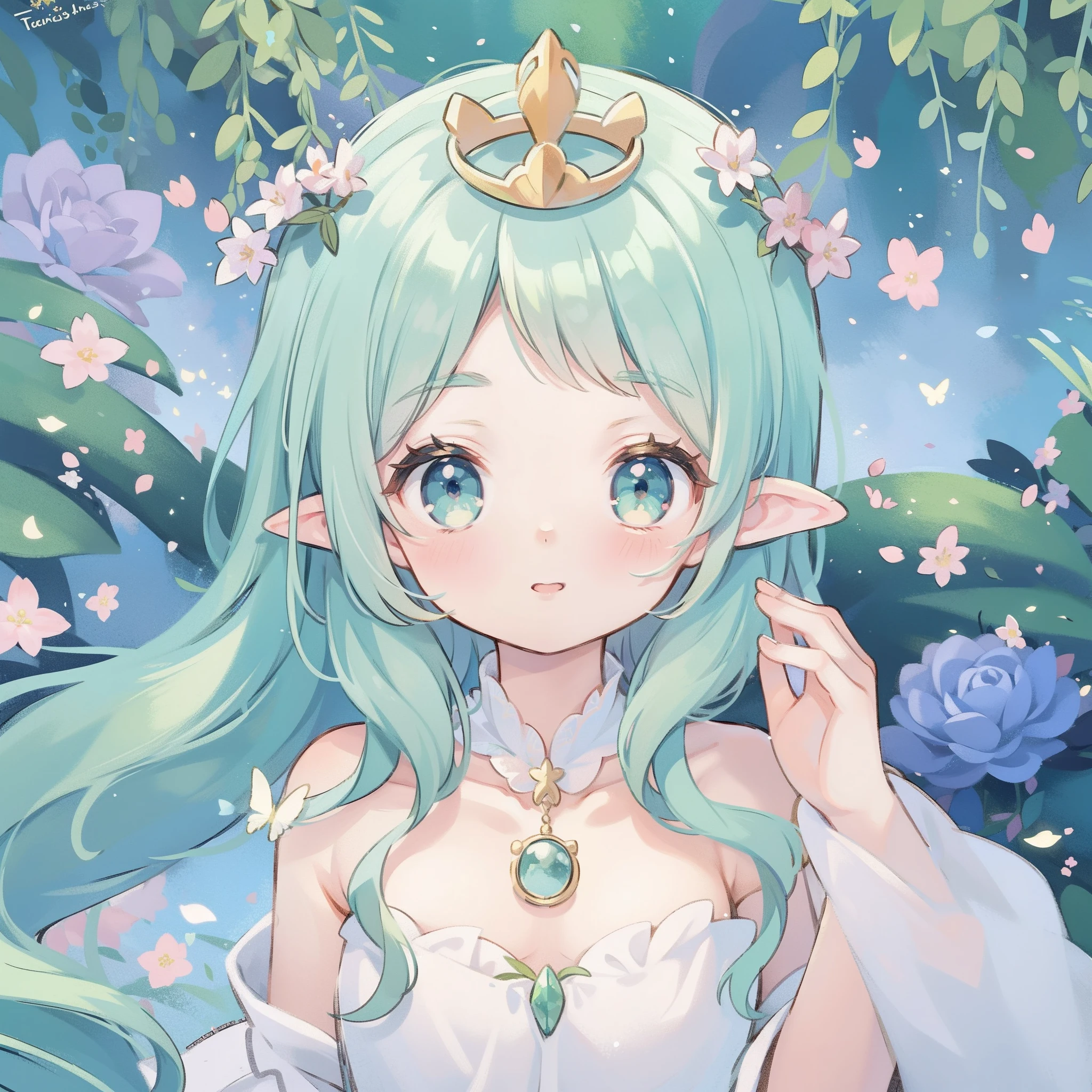 Girl, blue water lily. Water lily fairy, feathers, face focus. With elven ears, fairy wings and beautiful detailed eyes. White eyes. Golden hair. Straight. White crystal clear skin. Water lily hair ornament. Golden tiara. Long dress in white. Water lily pond. A pond with many water lilies in bloom. The depth of field in the photo is perfect, and the lens flare adds a nice touch. For this photo the score is definitely over 10. Beautiful face smiling gently.