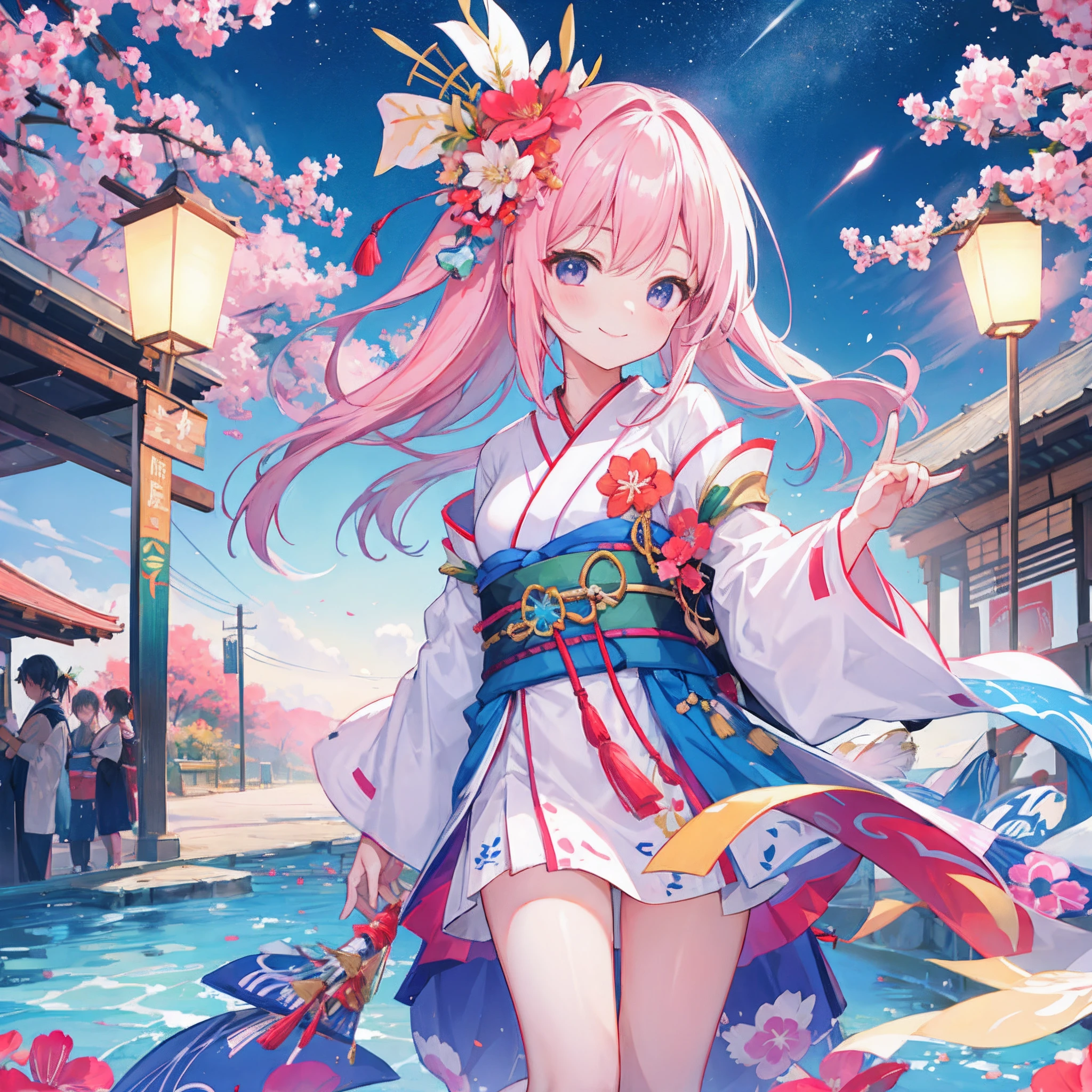 Summer Festivals、skyrocket、a couple、nigh sky、kimono、a smile