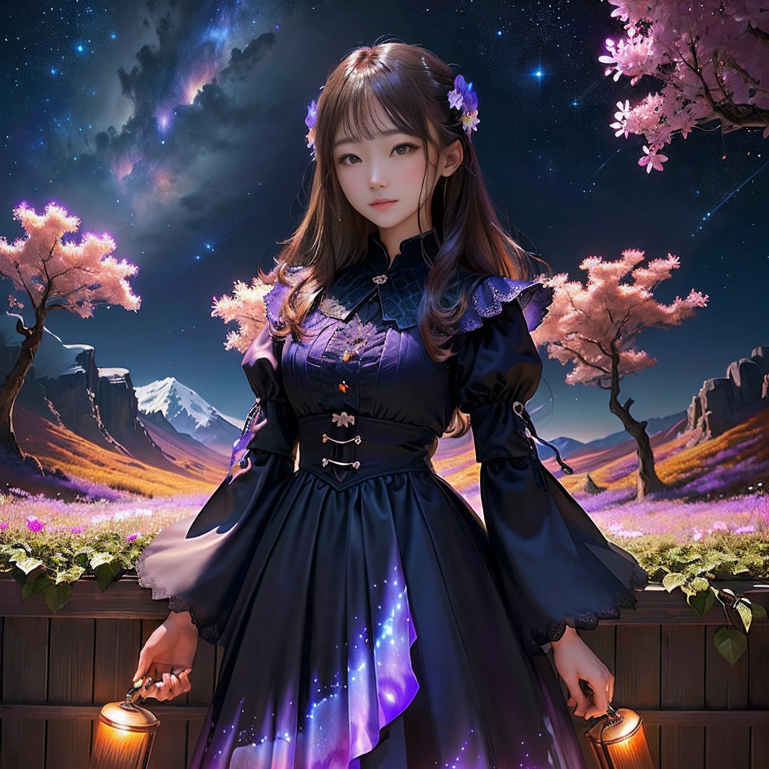 1Beautifulwoman、Vast landscape photos、(View from below with a view of the sky and the wilderness below)、Girl standing in a flower field and looking up、(fullmoon:1.2)、(shooting stars:0.9)、(nebulas:1.3)、mountain in the distance、Tree Break Production Art、(Warm color light source:1.2)、(fireflys:1.2)、abajour、Purple and orange、intricate detailes、Volume Lighting BREAK (masterpiece:1.2)、(top-quality)、4K、ultra-detailliert、(The composition of the movement:1.4)、Highly detailed and colorful details(Irridescent color:1.2)、(Glowing lighting、Atmospheric illumination)、dream-like、Magical、(独奏:1.2)