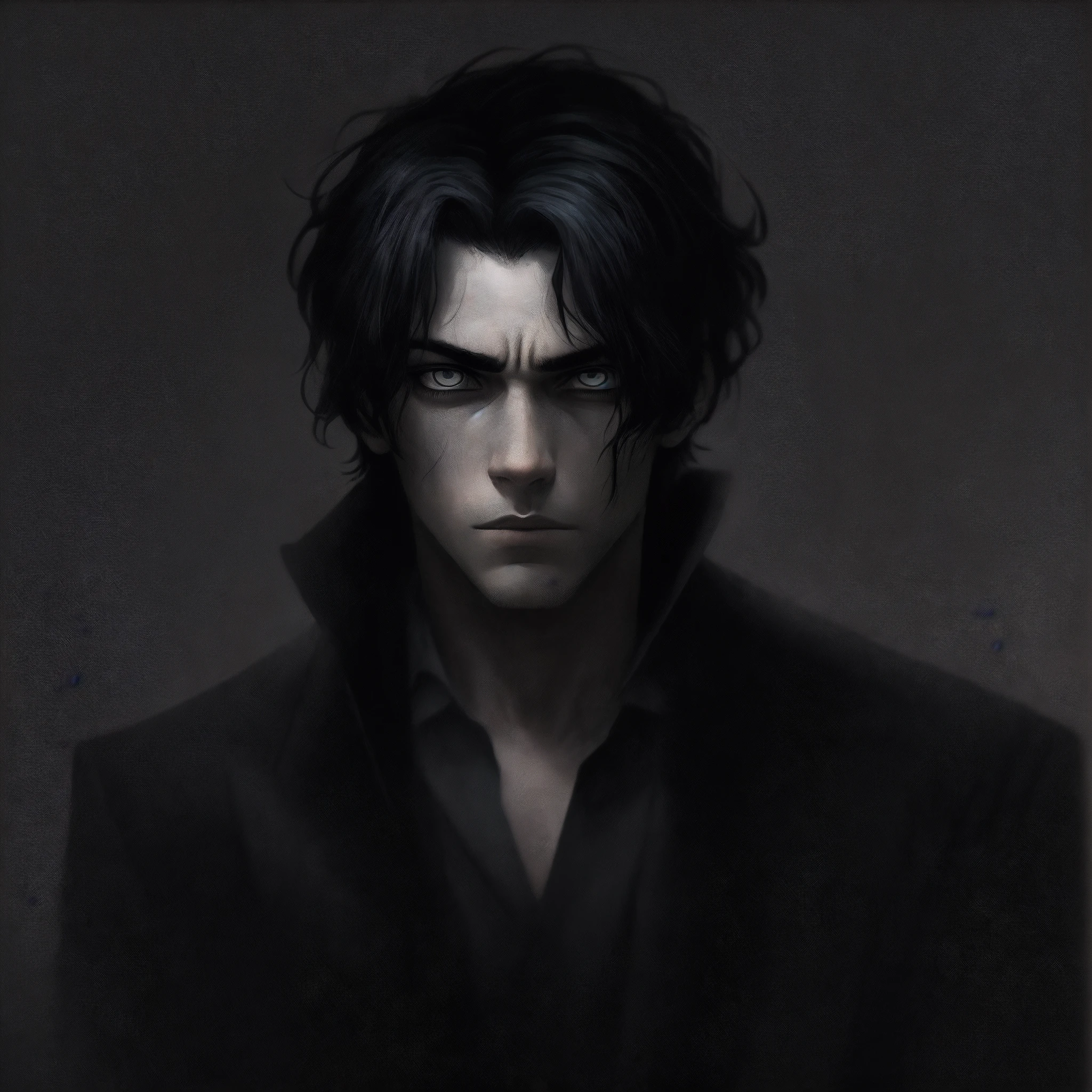 Um rapaz obscuro e atraente, With piercing eyes and enigmatic expression, with black hair that reaches only up to the nape of the neck. He's wearing dark, elegant clothes, with an air of mystery around you. His posture is confident and he seems to be watching something or someone with intense curiosity. Ao fundo, There is a gloomy atmosphere, Low-light, que amplifica ainda mais o ar misterioso que cerca esse personagem intrigante