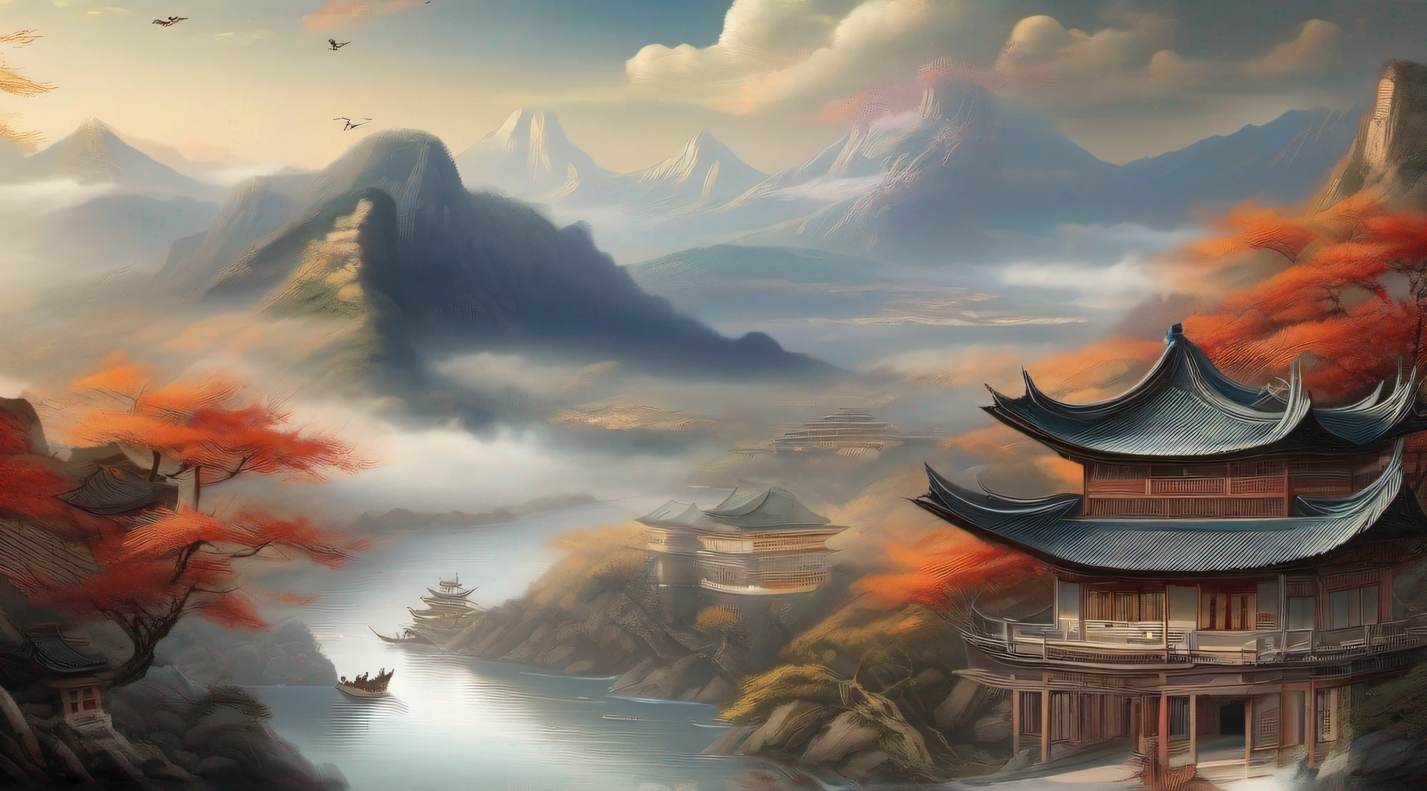 An ancient Chinese painting, ancient Chinese background, mountains, rivers, auspicious clouds, pavilions, sunshine, masterpieces, super detail, epic composition, ultra HD, high quality, extremely detailed, official art, unified 8k wallpaper, Super detail, 32k -- v 6