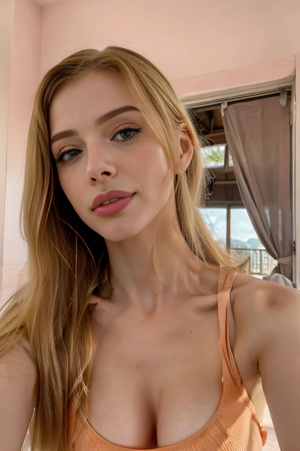 ((mulher loira)), louro, DESPERTAR MATINAL, Selfie Shot, no quarto, sem maquiagem, pale skin, mess blonde hair, Amouranth, mais conhecido como Amouranth, Rua, jovem Amouranth bonito, ((louro)),