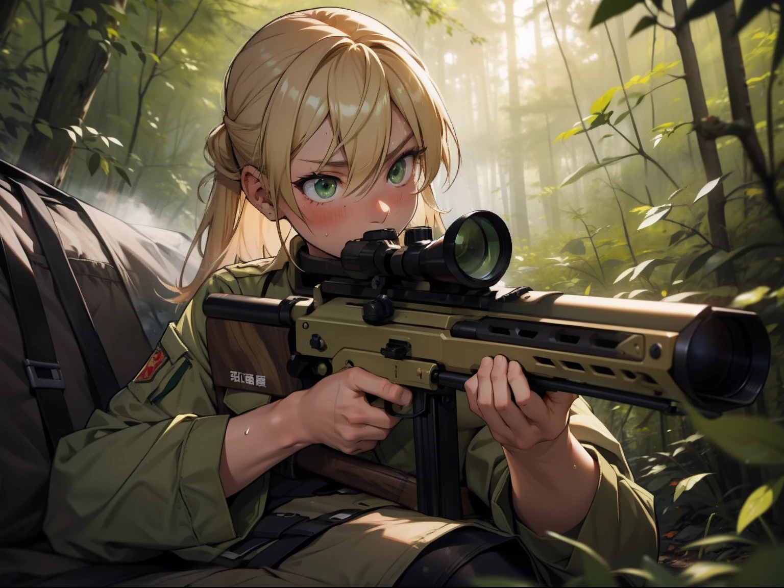 1 female 20 years old, maximum resolution, Carved, army, Sniping with a rifle,sniper, beautiful, perfect body, blonde hair, blue eyes, perfect body, thin waist, wide hips, big breasts, slim thighs, jungle background, army robot dog, camouflageuflaged uniform, tight panties, two piece, very detailed, High resolution, perfect hands, camouflage, have a gun,bare shoulders