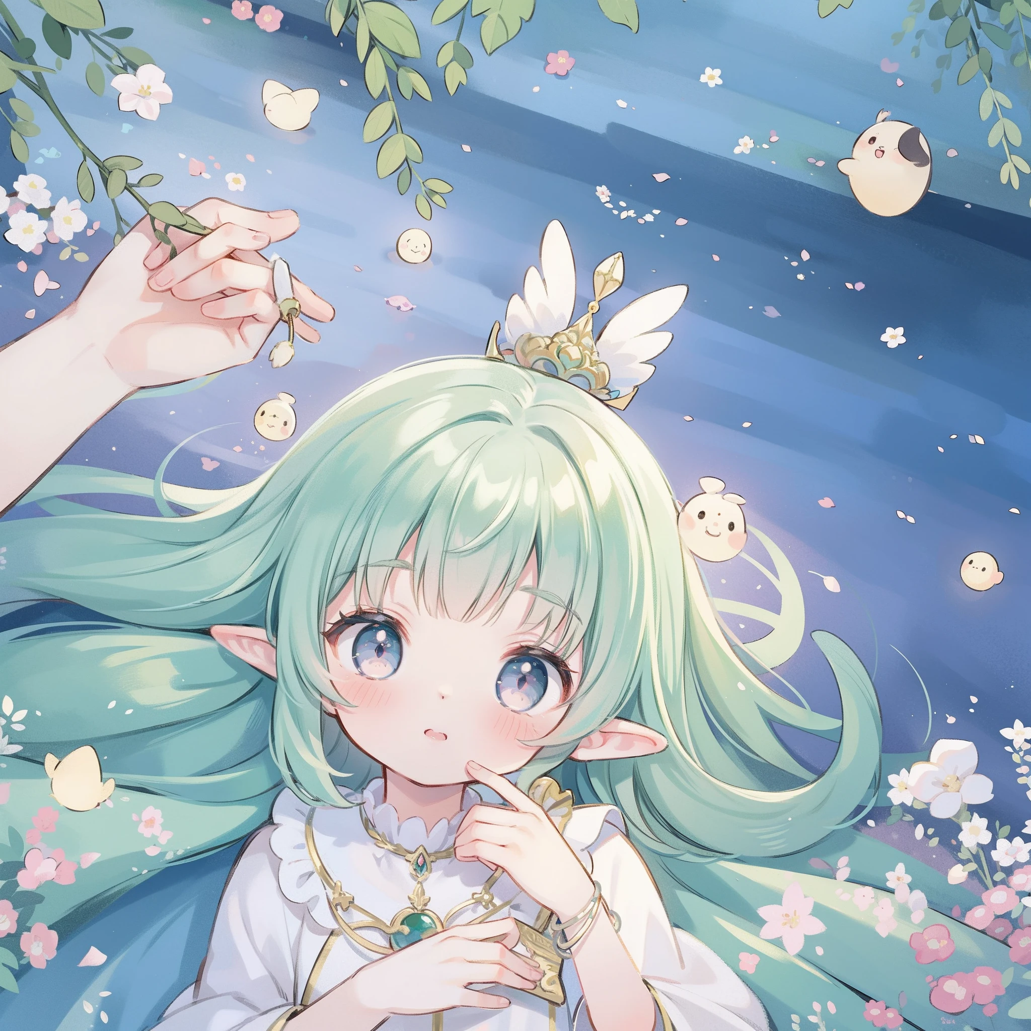 high high quality,tmasterpiece,Delicate facial features,Delicate hair,Delicate eyes,Delicate hair,animemanga girl,deer antlers,green blue color hair,florals, Dreamy style, Fantastic flower garden,fantasy style clothing,Romantic dress, beautiful and elegant elf queen, a beautiful fantasy empress, Fantasy art style, ((a beautiful fantasy empress)), Anime fantasy illustration, high priestess, fey queen of the summer forest, anime art nouveau, goddess of the forest, portrait of an elf queen, A beautiful artwork illustration,8K high quality detailed art(Delicate facial portrayal)(Fine hair depiction)(highest quality)(Master masterpieces)(High degree of completion)(a sense of atmosphere)8k wallpaper,tmasterpiece,Best quality at best,ultra - detailed