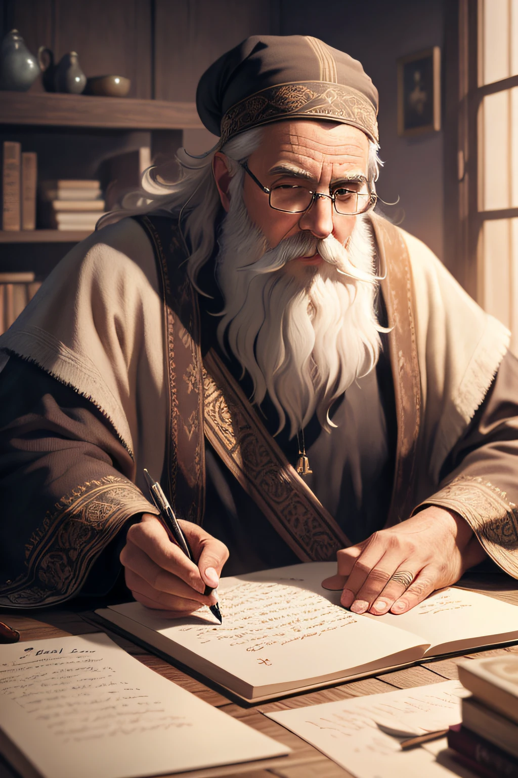 Homem arafed com uma longa barba e uma barba branca sentado em uma mesa escrevendo, assistente senta-se lendo em uma mesa, artista de personagens, arte conceitual altamente realista, senior concept artist, 3d render senior artist, Tolkien e Michael Komarck, Wise old man, inspirado no artista de personagens seniores, pintura de personagem bonita, pintura de personagens, Master illustration, realistic fantasy illustration