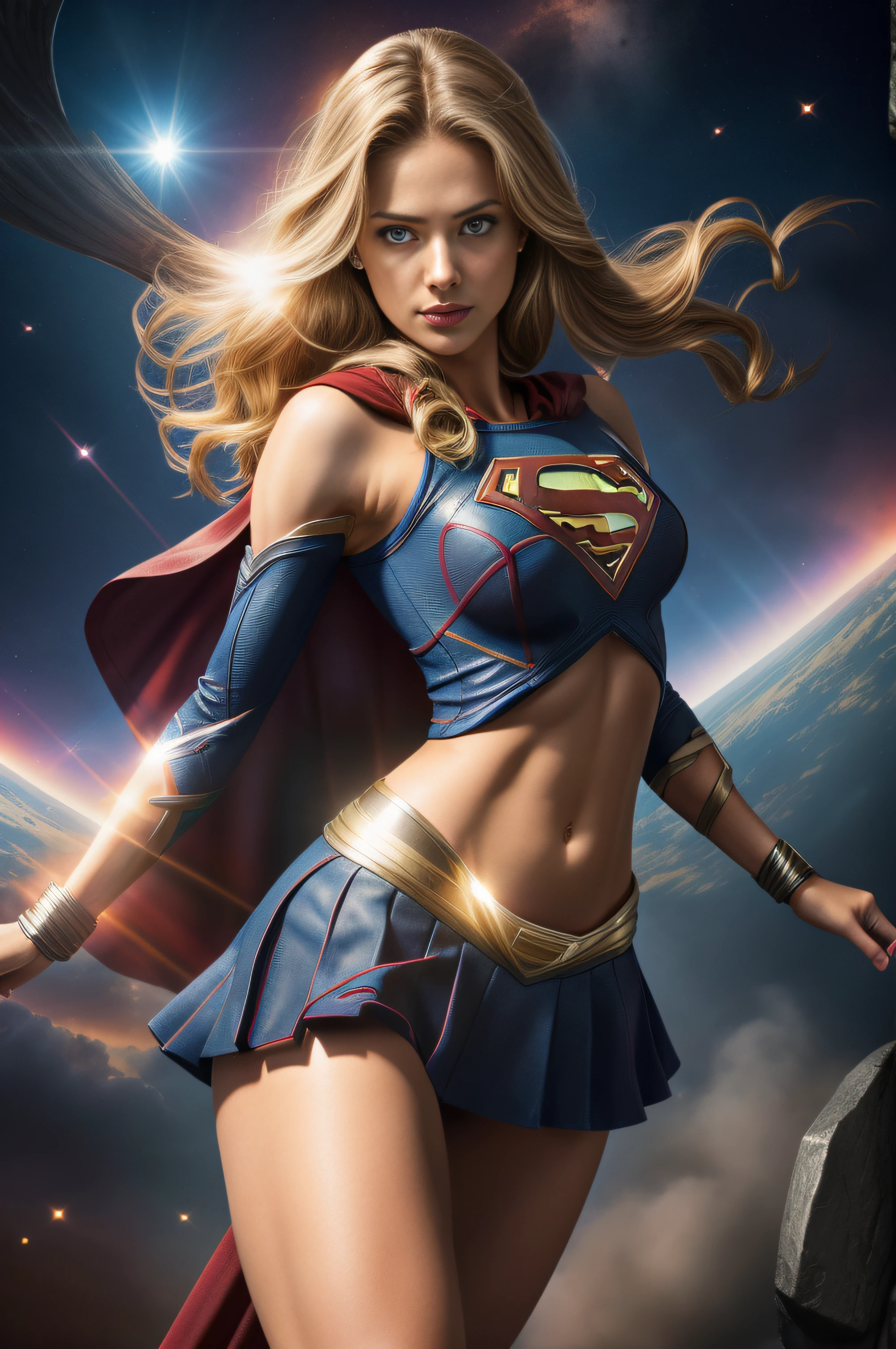 "Supergirl,Age 24-28, high quality, ultra detailed in 16k, DSLR, HDR, high resolution, hyper-realistic photo, hyper-detailed, realistic skin texture, amazing shadows, extremely detailed texture, perfect lighting, high-level image quality." A female superheroine, inspired by x-men, Fair skin, blond hair, outlined blue eyes, outlined face, supermodel jawline, ((smooth armpits)) ,small clothes, bracelet, wearing a red cape in the back, lean body, (belly skin visible),(shoulder and next skin visible) abs medium toned, medium breasts, medium breasts detailed , detailed perky nipples