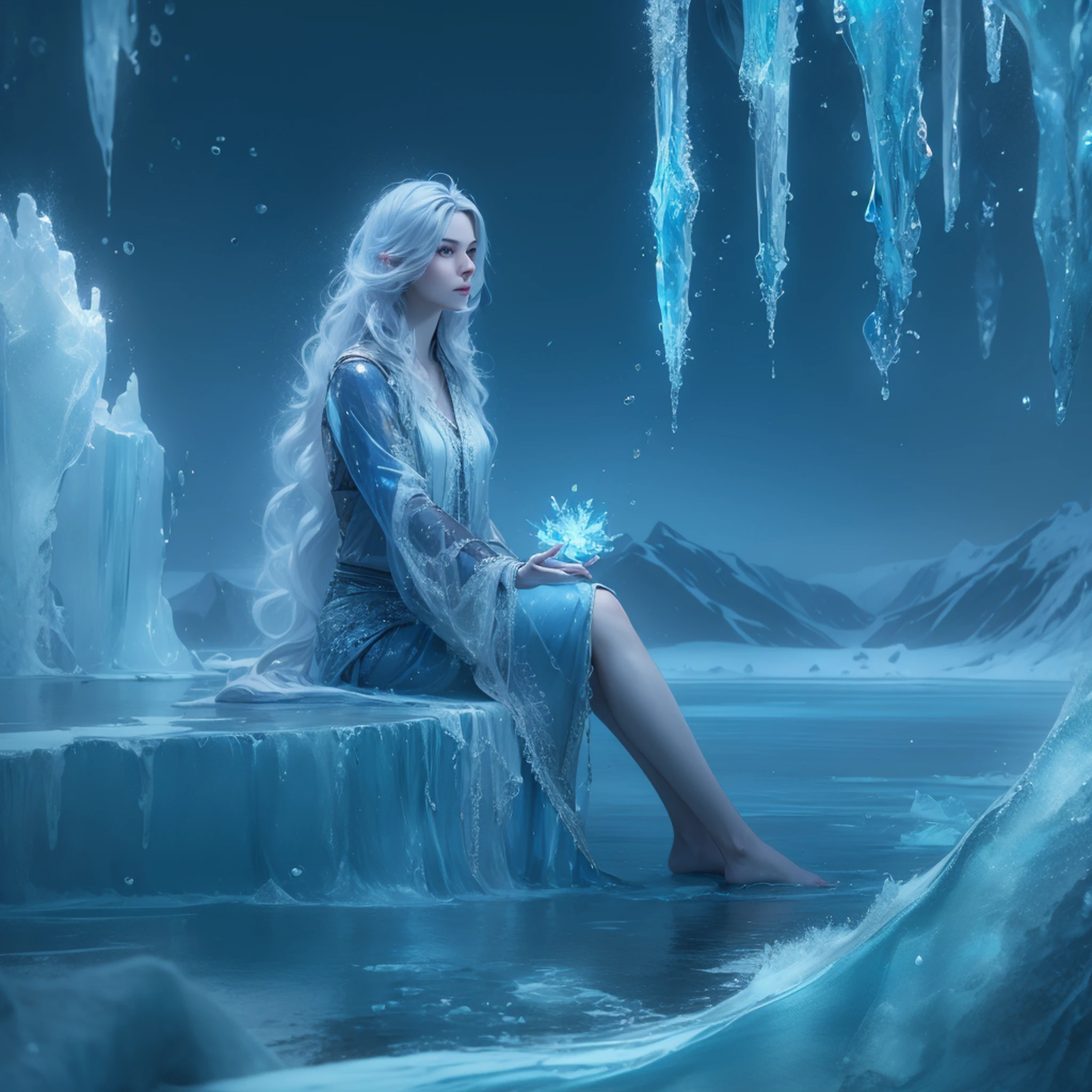 Highest quality, masterpiece, a mature woman, silver glossy long hair, slender legs, (beautiful face: 1.3), conforming to human anatomy, icy environment, huge icicles, blue gradient environment, surrounded by water, dreamy, 8k, full body, (only 5 fingers), cinematic light, realistic