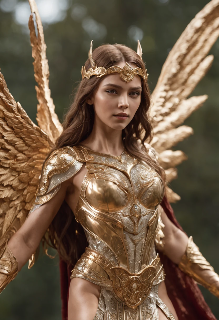 (Ultra resolution 8K), (Obra-prima ultra detalhada), "DO ANJO DA MORTE": It possesses an imposing presence with majestic wings unfolding on its back., radiating an ethereal glow. Sua Armadura Celestial, composed of gold and shiny metal sheets, Hugs your body elegantly and protectively. His face reflects an unwavering determination with fiery eyes that glow with inner light., while his lips remain firm in a gesture of determination.Carrega uma espada de design celestial, with a blade that seems forged in divine light and energy. Seu cabelo flui em fios ondulados que se misturam com o vento, adding a touch of dynamism to your figure. The armor is adorned with sacred symbols and intricate patterns that seem to come to life with each movement., enquanto suas asas emitem um brilho suave que ilumina seus arredores.This righteous angel personifies the fusion of heavenly grace and unwavering determination., A figure who inspires wonder and hope in his quest for justice and righteousness.