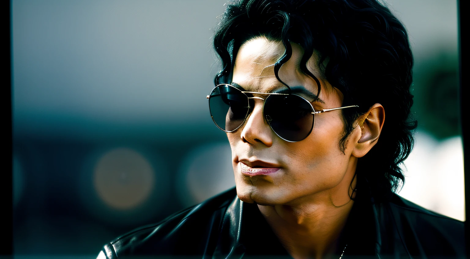 Photo of Michael Jackson, wearing sunglasses, taken with a 50mm lens, against a dark background