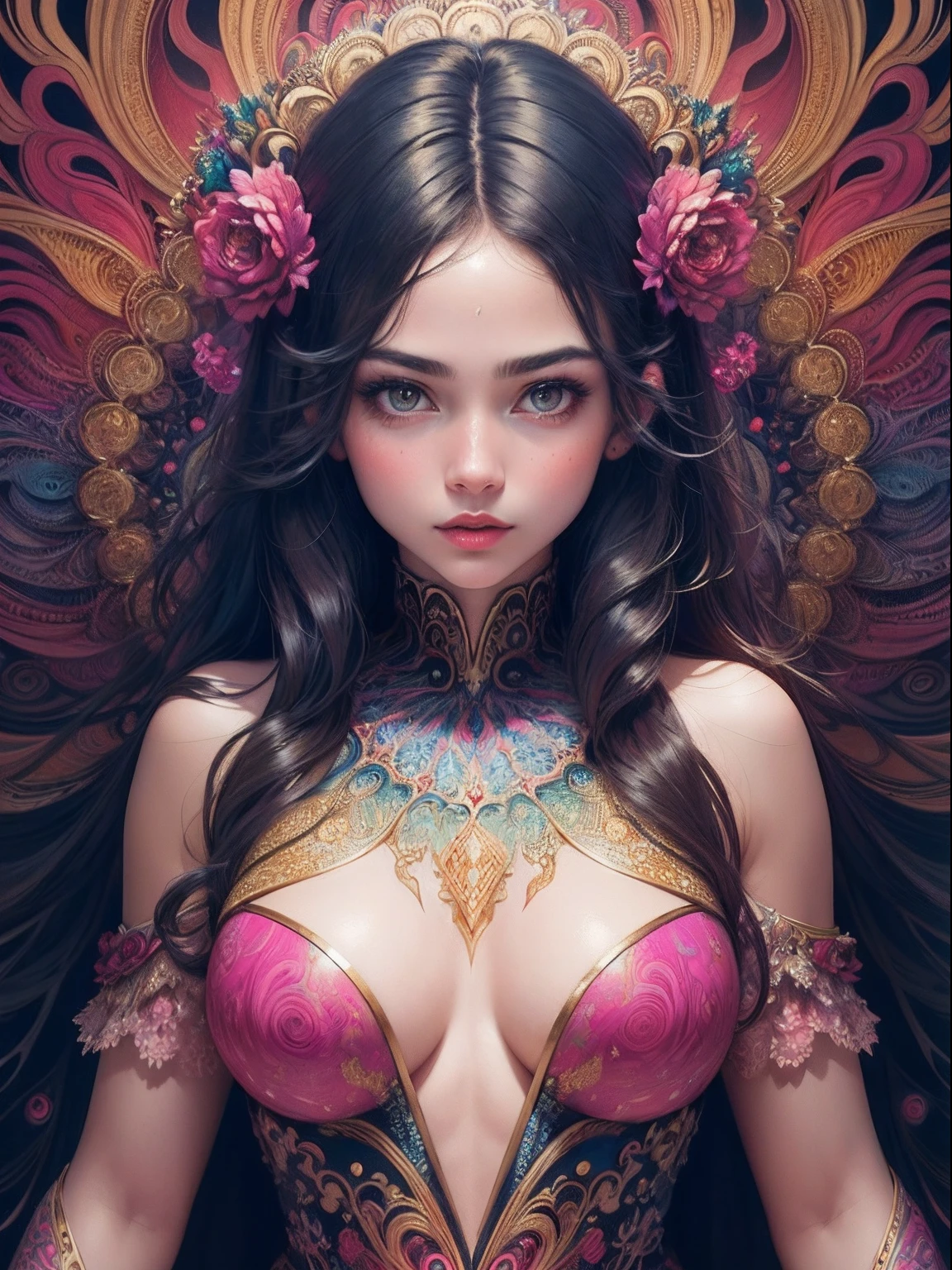 (masterpiece, top quality, best quality, official art, beautiful and aesthetic:1.2), (1girl:1.3), extremely detailed,(fractal art:1.2),colorful,highest detailed,(zentangle:1.2), ((dynamic pose)), (abstract background:1.5), (traditional dress:1.2), (shiny skin), (many colors:1.4), upper body.