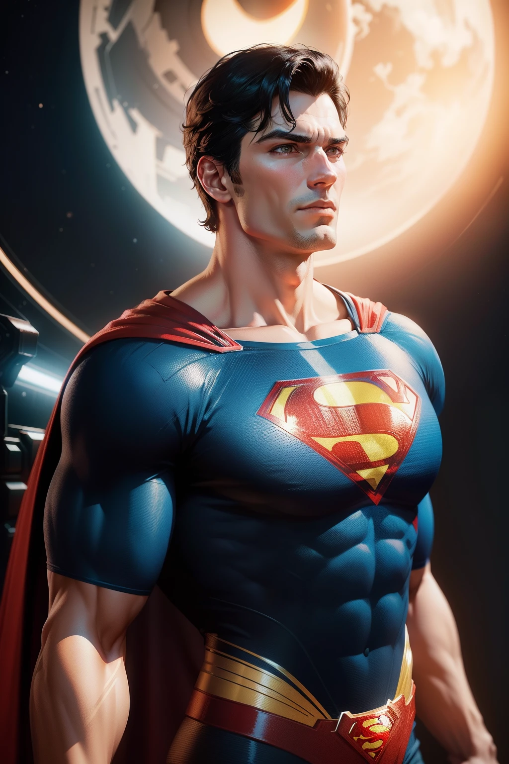 "A vintage, playful vectorized t-shirt design of a superman in space, rendered in Unreal Engine 5 with vivid colors and cinematic color grading."