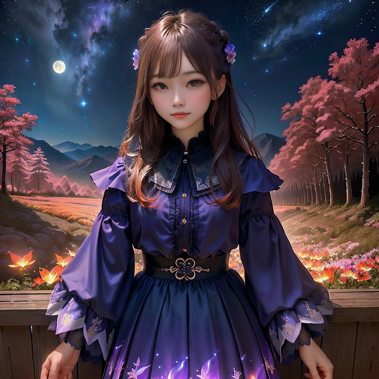 1Beautifulwoman、Vast landscape photos、(View from below with a view of the sky and the wilderness below)、Girl standing in a flower field and looking up、(fullmoon:1.2)、(shooting stars:0.9)、(nebulas:1.3)、mountain in the distance、Tree Break Production Art、(Warm color light source:1.2)、(fireflys:1.2)、abajour、Purple and orange、intricate detailes、Volume Lighting BREAK (masterpiece:1.2)、(top-quality)、4K、ultra-detailliert、(The composition of the movement:1.4)、Highly detailed and colorful details(Irridescent color:1.2)、(Glowing lighting、Atmospheric illumination)、dream-like、Magical、(独奏:1.2)