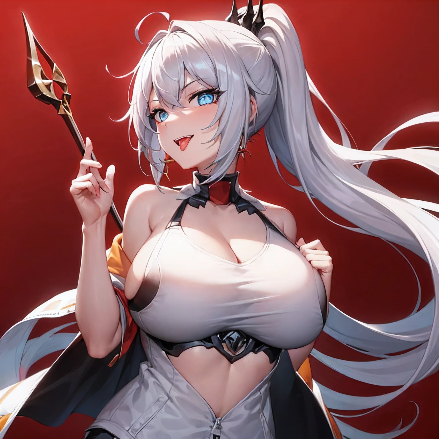 ((1girl)), hands up, long hair, ponytail, (tank-top), jacket, open shoulder, cowboy shot, (bikini), (big breast), red background, open mouth, red eyes, flushed, stick out her tongue out at viewer, smile