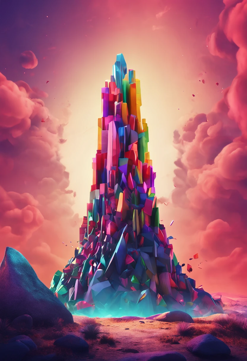 Generate a stunning digital artwork that depicts a towering mountain composed of a massive pile of oil bottles. Employ creative lighting to cast dramatic shadows and bring out the details of the bottles' shapes. Convey a sense of grandeur and scale in the composition while paying attention to the arrangement's realism and aesthetic appeal.