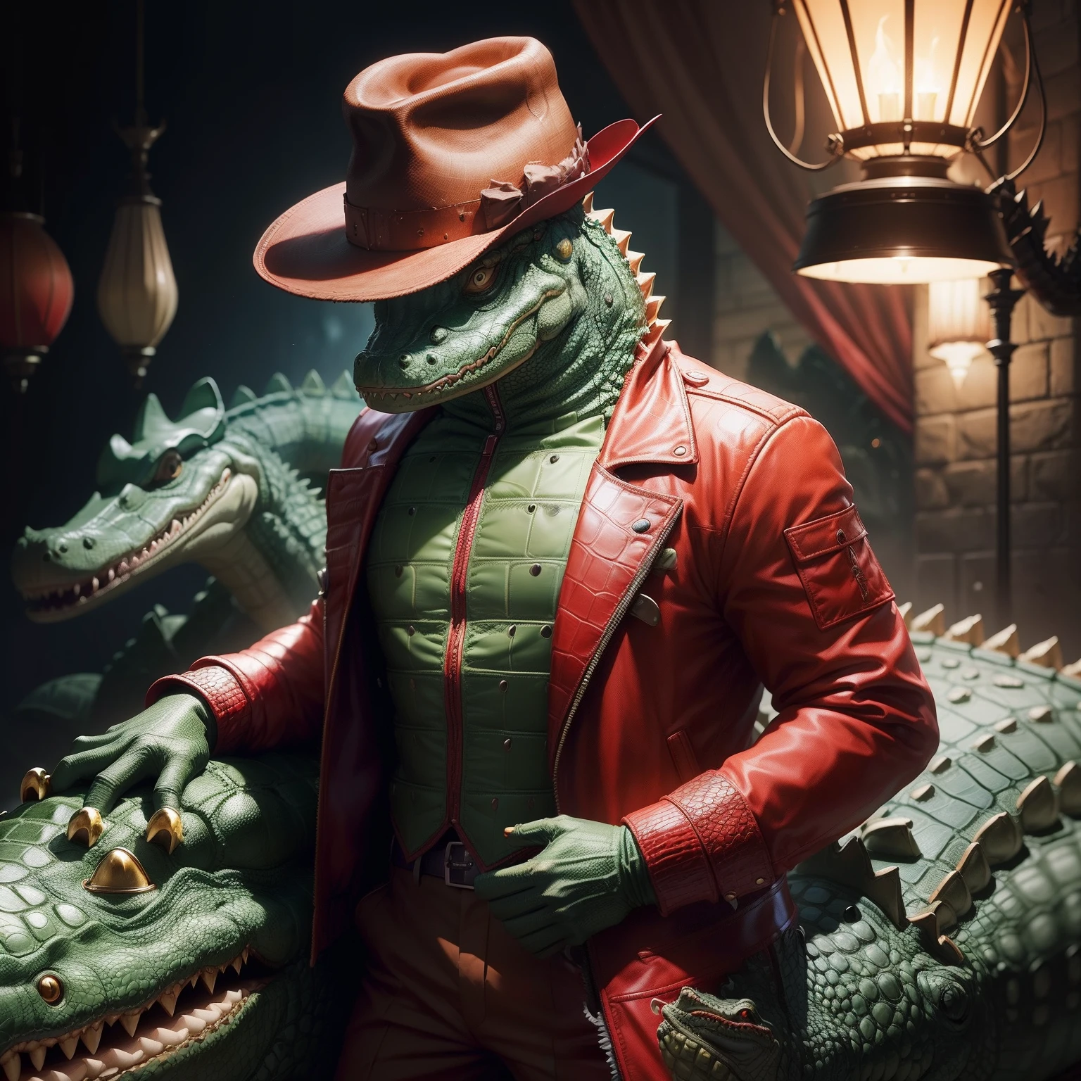 ((Crocodile with accordion, With a hat on the golva, He wears a red jacket)), Sci-fi alien crocodile, Anthropomorphic alligator, science-fiction, Sci-fi alien crocodile, Anthropomorphic crocodile, Alligator Shaman,