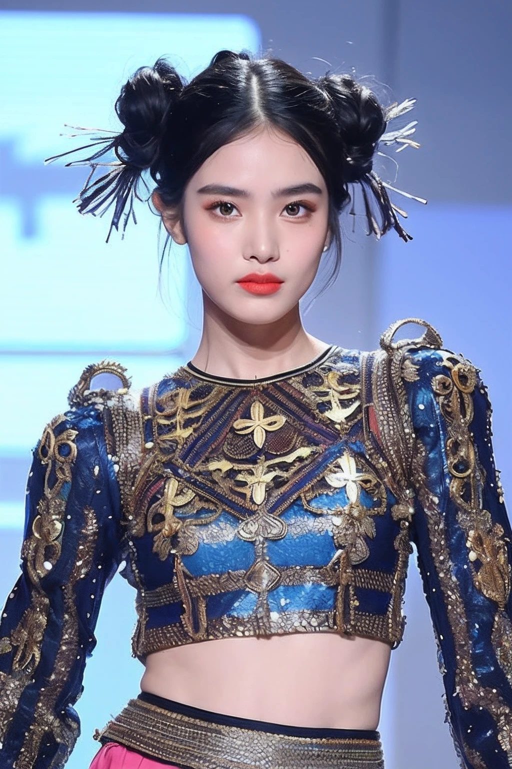 (extra detailed body、extra detailed face、best qualtiy:1.2)、femele、looking at the viewers、(Wacky clothes with strong blue and black contrast)、(fashionshow:1.4)