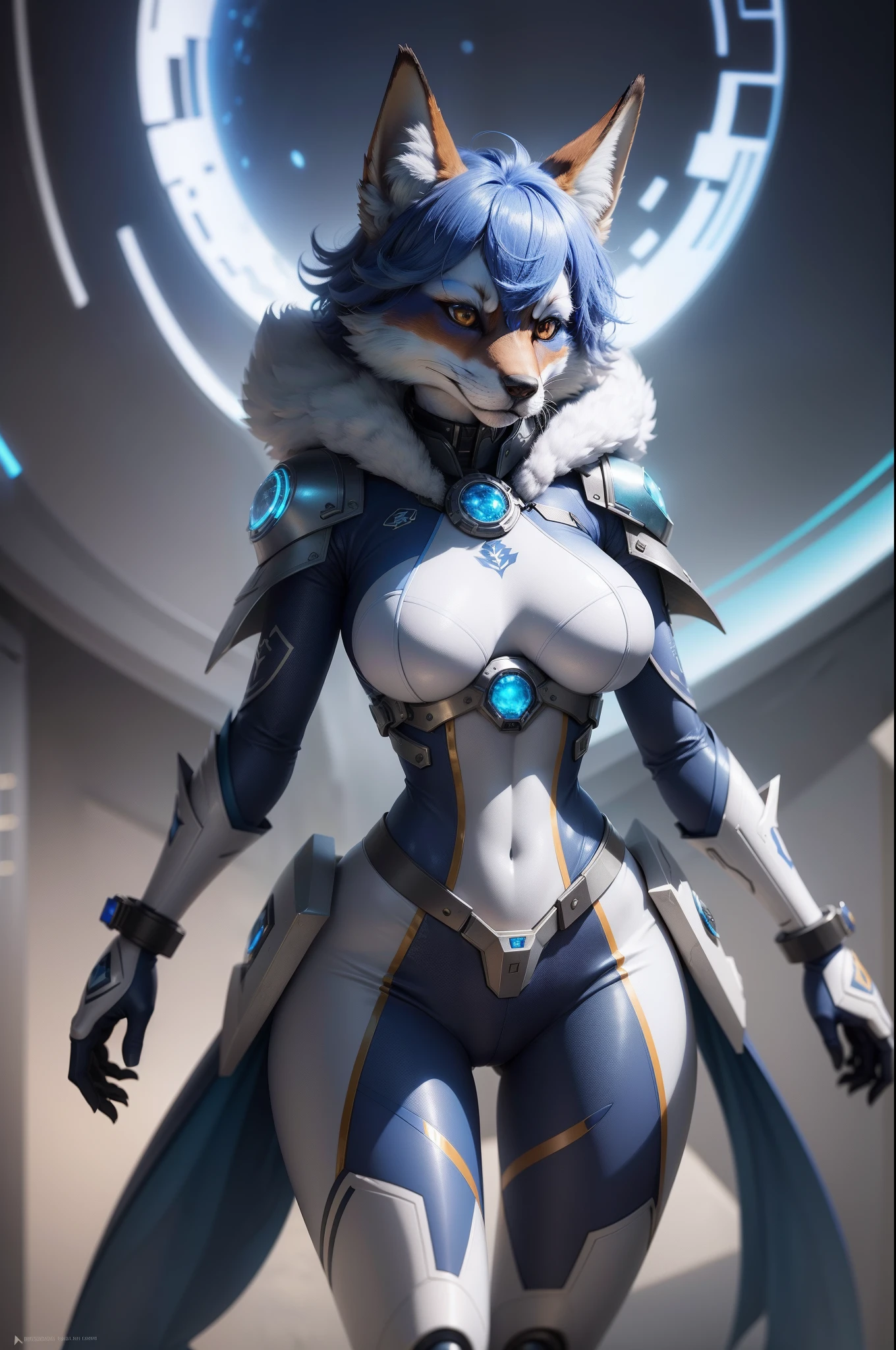 hight resolution , hyperrealistic , Viele Details , On the front, a blue and white Anthro Fox Acrador Mindmachine , Krystal von starfox , furry fursona blau, mit einem schwert , Scifi