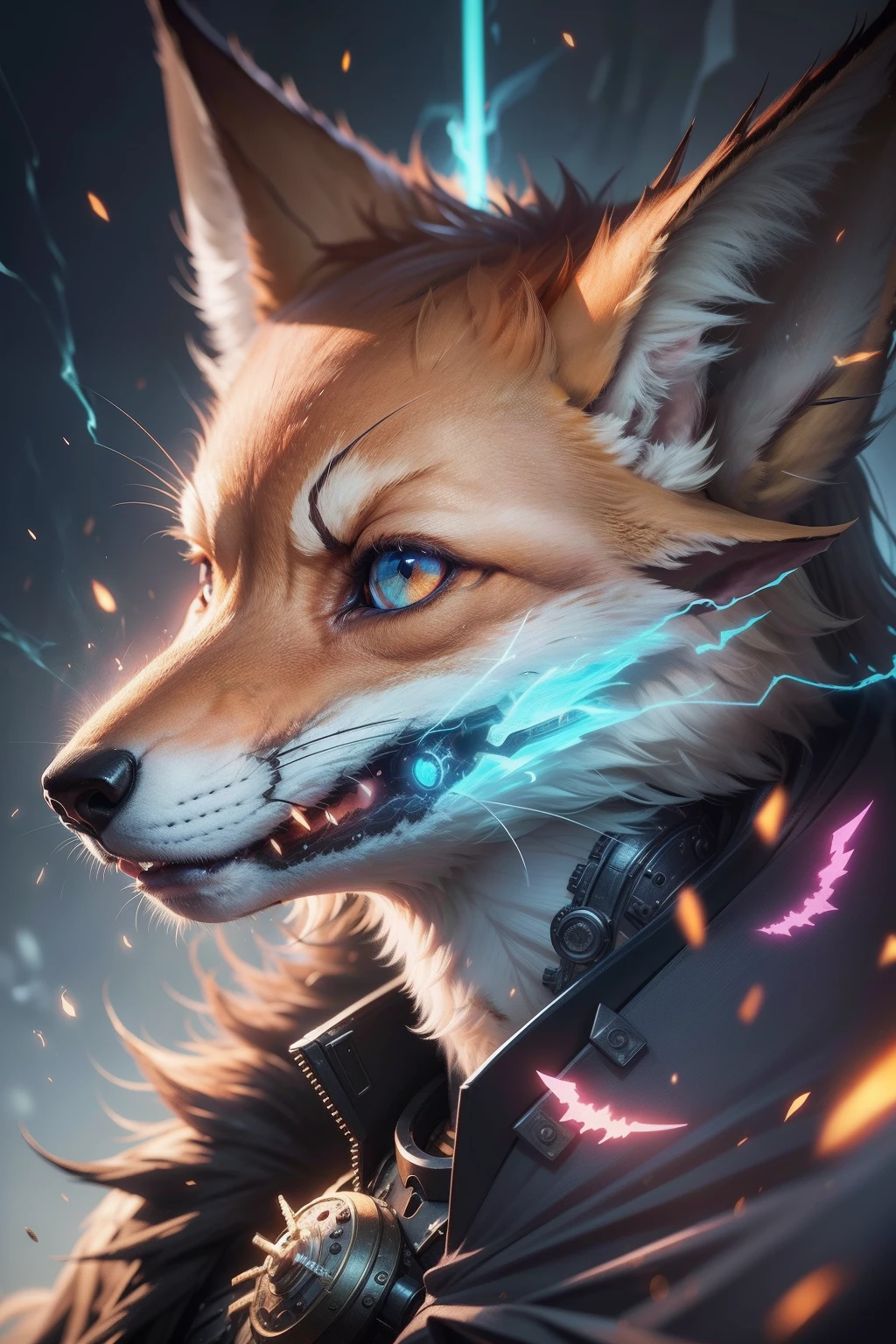 Angry fox god, closeup, steampunk, fera, forte, musculoso, cyberpunk cybernetic armor, dentes afiados, ilustradores Artstation, detalhes intrincados, rosto, retrato de corpo inteiro, illustration, UHD, 4K hiper realista, enigmatic, altamente detalhado, foco nítido, profissional, 8k UHD , cinemactic, selvagem, violento, dramatic, vivid, Nervous vibration, epic, HDR, album cape, fogo, poderoso. rosa, amarelo e azul, neon