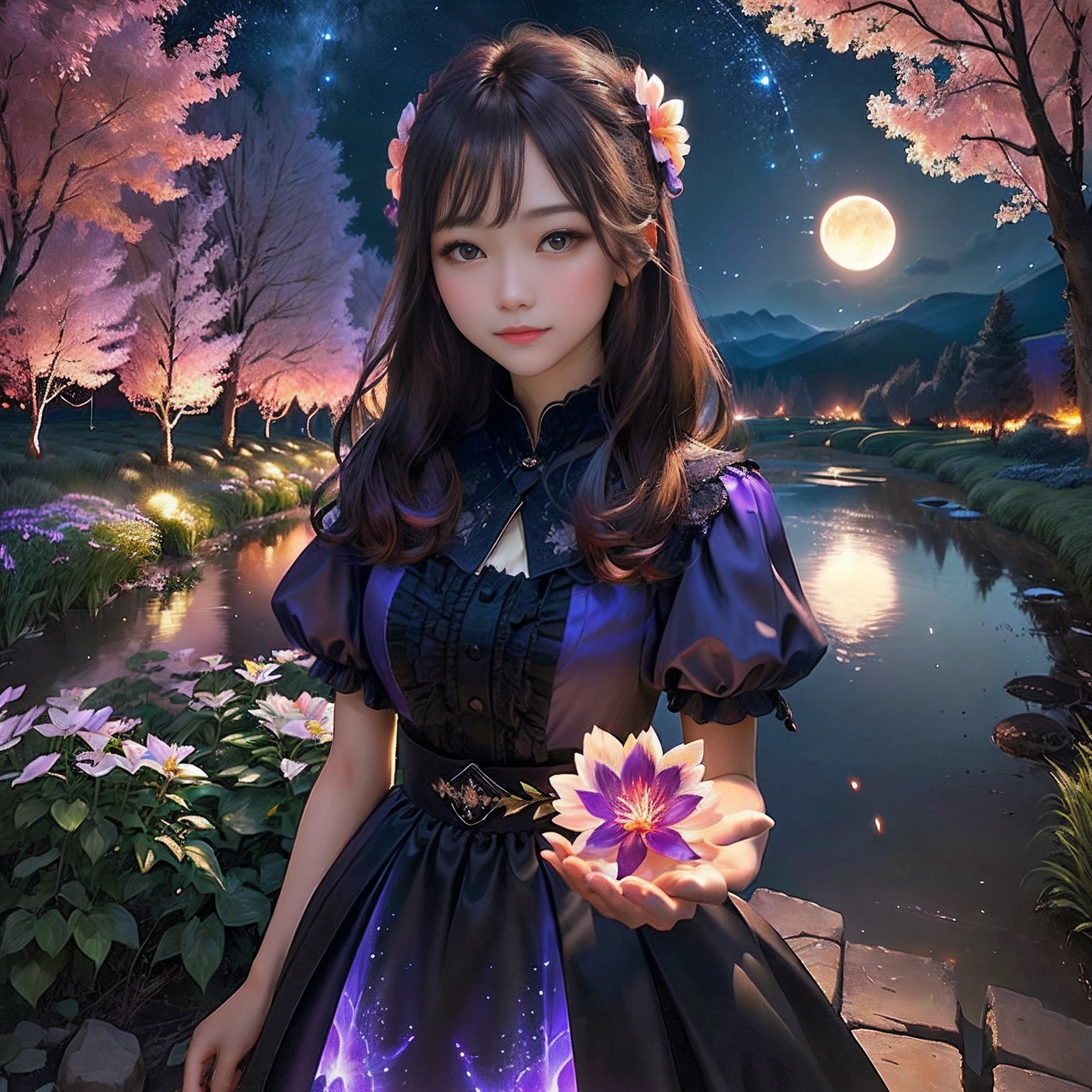 1Beautifulwoman、Vast landscape photos、（View from below with a view of the sky and the wilderness below）、Girl standing in a flower field and looking up、（fullmoon：1.2）、（shooting stars：0.9）、（nebulas：1.3）、mountain in the distance、Tree Break Production Art、(Warm color light source:1.2)、(fireflys:1.2)、abajour、Purple and orange、intricate detailes、Volume Lighting BREAK (​masterpiece:1.2)、(top-quality)、4K、ultra-detailliert、（The composition of the movement：1.4）、Highly detailed and colorful details（Irridescent color：1.2）、（Glowing lighting、Atmospheric illumination）、dream-like、Magical、（独奏：1.2）