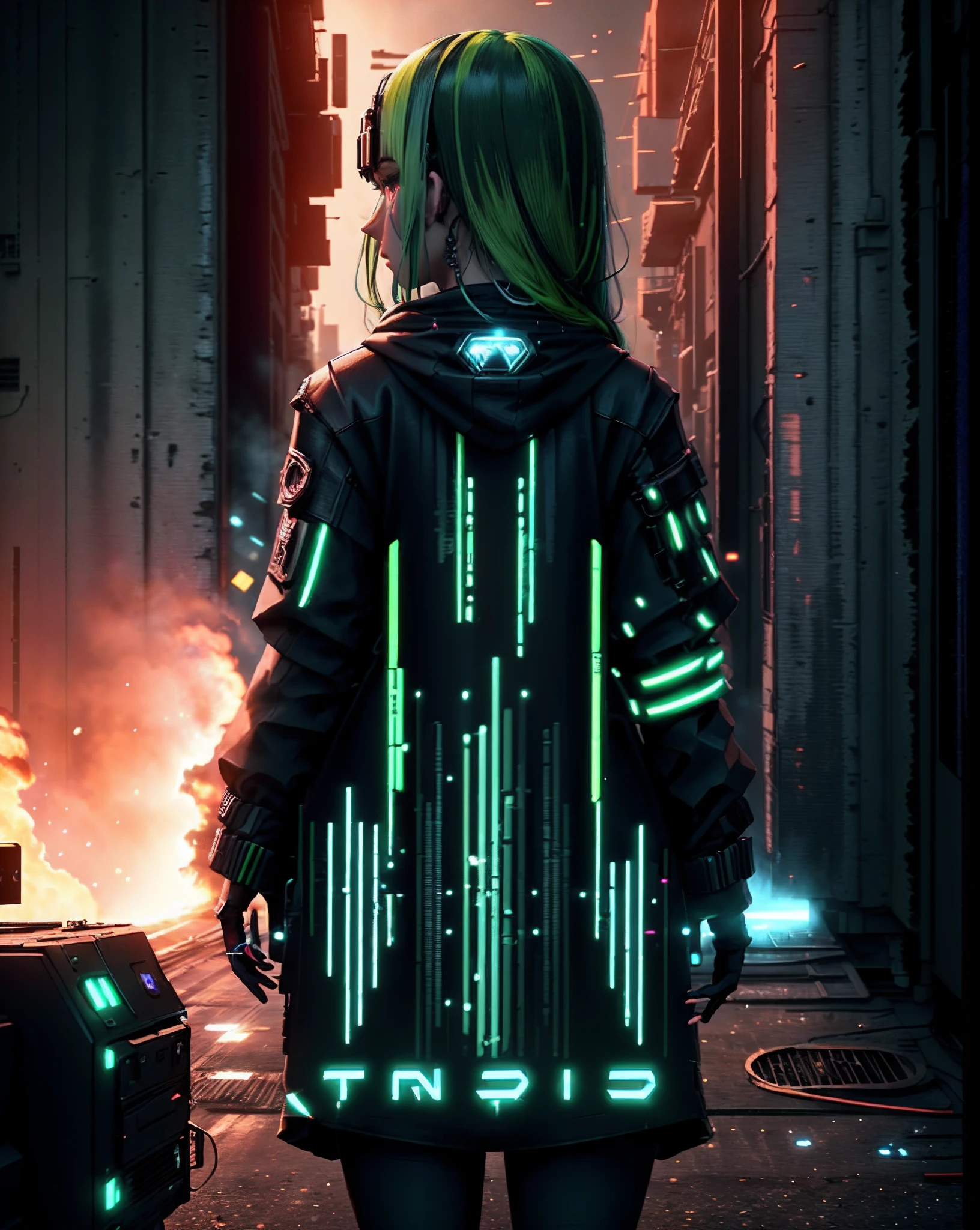 (best quality, masterpiece:1.2), 8k detailed cgi render, thick outlines, strong shadows, sfw, movie poster of( 2girls, adult twin girls:1.1), long green multicolored hair, back-to-back, posing, confident, closeup shot, looking at viewer, standing, cyberpunk assassin outfit, tattos, holding guns, techwear, advanced technology, dark dystopia, fluorescent lit-up mechanical parts, neon, cinematic atmosphere, symmetrical composition, barn in background, fluorescence, bokeh, particle effects,