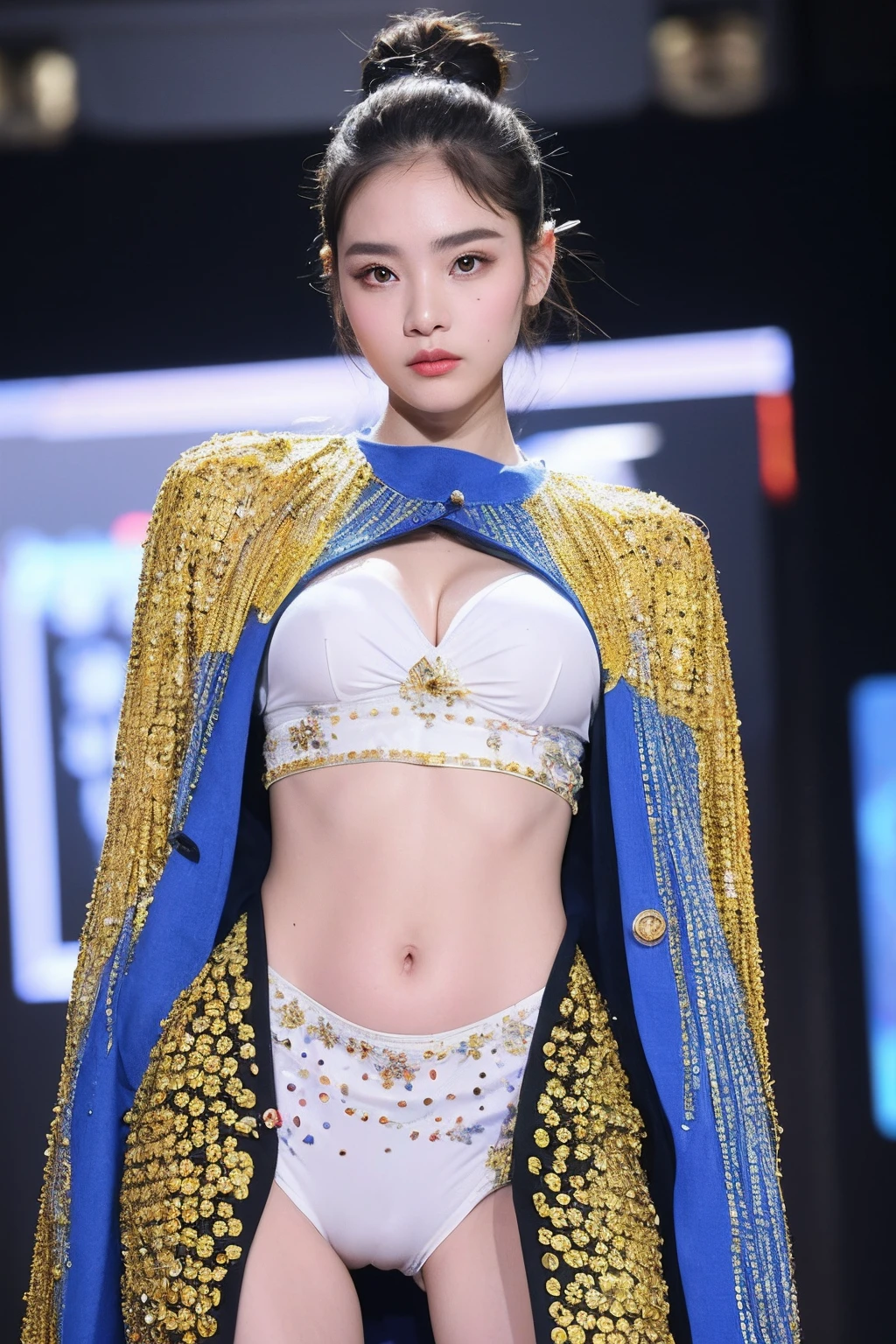 (extra detailed body、extra detailed face、best qualtiy:1.2)、femele、looking at the viewers、(Wacky clothes with strong blue and black contrast)、(fashionshow:1.4)