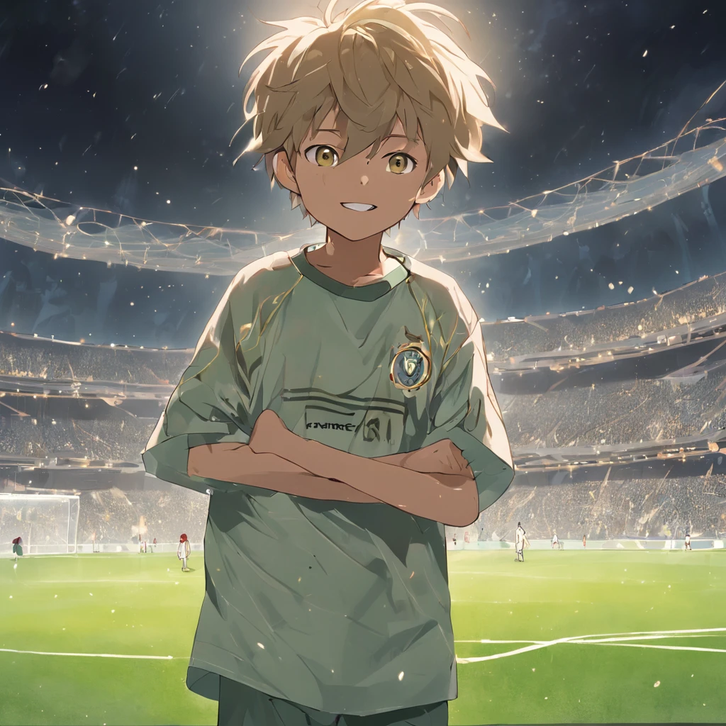 (fundo com um estadio de futebol), (a very happy being a football player) (a very happy man being a football coach) (The fans in the stadium) (The team they play for is green)