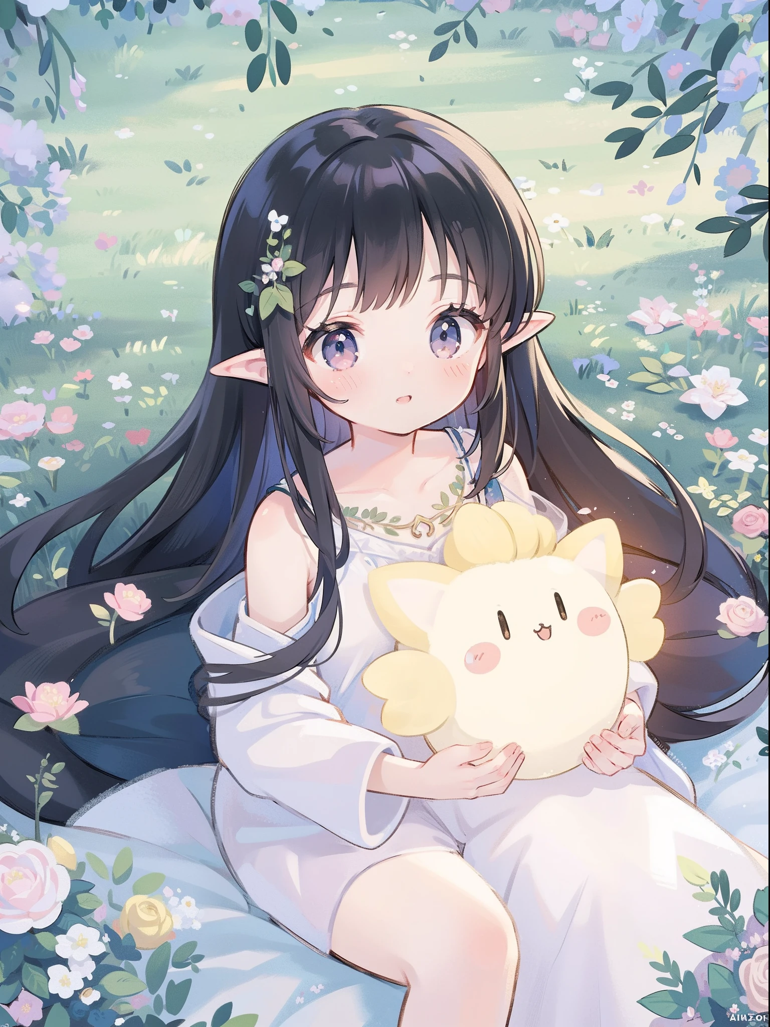 high high quality，tmasterpiece，Delicate facial features，Delicate hair，Delicate eyes，Delicate hair，animemanga girl，deer antlers，Black color hair，florals, Dreamy style, Fantastic flower garden，fantasy style clothing,Romantic dress,  beautiful and elegant elf queen, a beautiful fantasy empress, Fantasy art style, ((a beautiful fantasy empress)), Anime fantasy illustration, high priestess, fey queen of the summer forest, anime art nouveau, goddess of the forest, portrait of an elf queen, A beautiful artwork illustration，8K high quality detailed art（Delicate facial portrayal）（Fine hair depiction）（highest  quality）（Master masterpieces）（High degree of completion）（a sense of atmosphere）8k wallpaper，tmasterpiece，Best quality at best，ultra - detailed