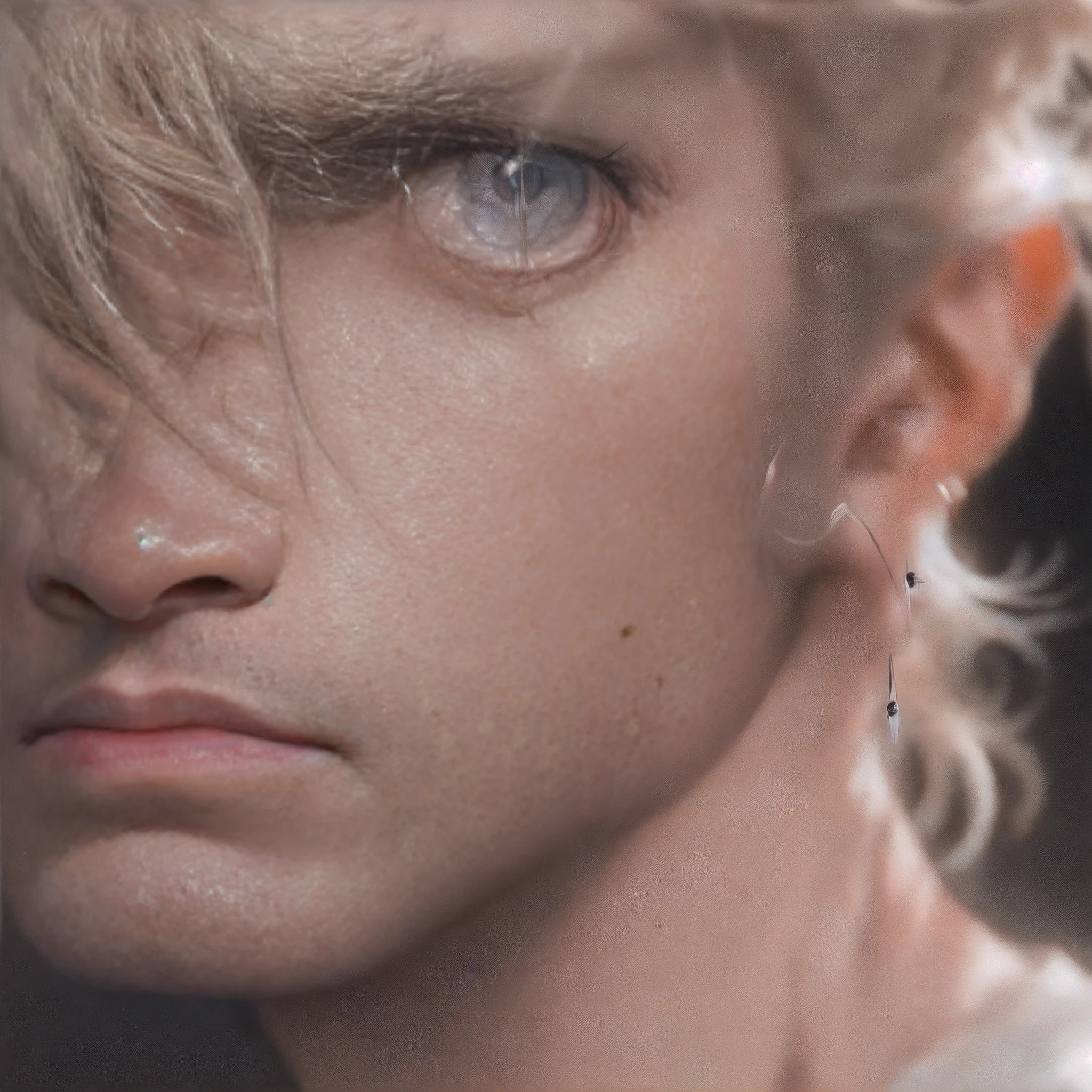 A 22-year-old stares into the camera with a piercing and intense gaze. Seus cabelos negros, perfeitamente penteados, caem suavemente sobre sua testa. His pale skin is flawless, com uma suave luminosidade natural. A luz suavemente esculpe os contornos do seu rosto, highlighting his delicate features. Seus olhos, de um tom profundo e penetrante, convey an intriguing blend of mystery and serenity. Em seu rosto, small imperfections become visible, como sardas sutis e uma leve sombra de barba. Every detail of your expression is accurately captured, from the tiny lines of expression to the delicate eyelashes that frame his eyes. The background of the image is simple and neutral, allowing all attention to be directed to the main character. This ultra-realistic image captures the captivating and intriguing essence of this 22-year-old.