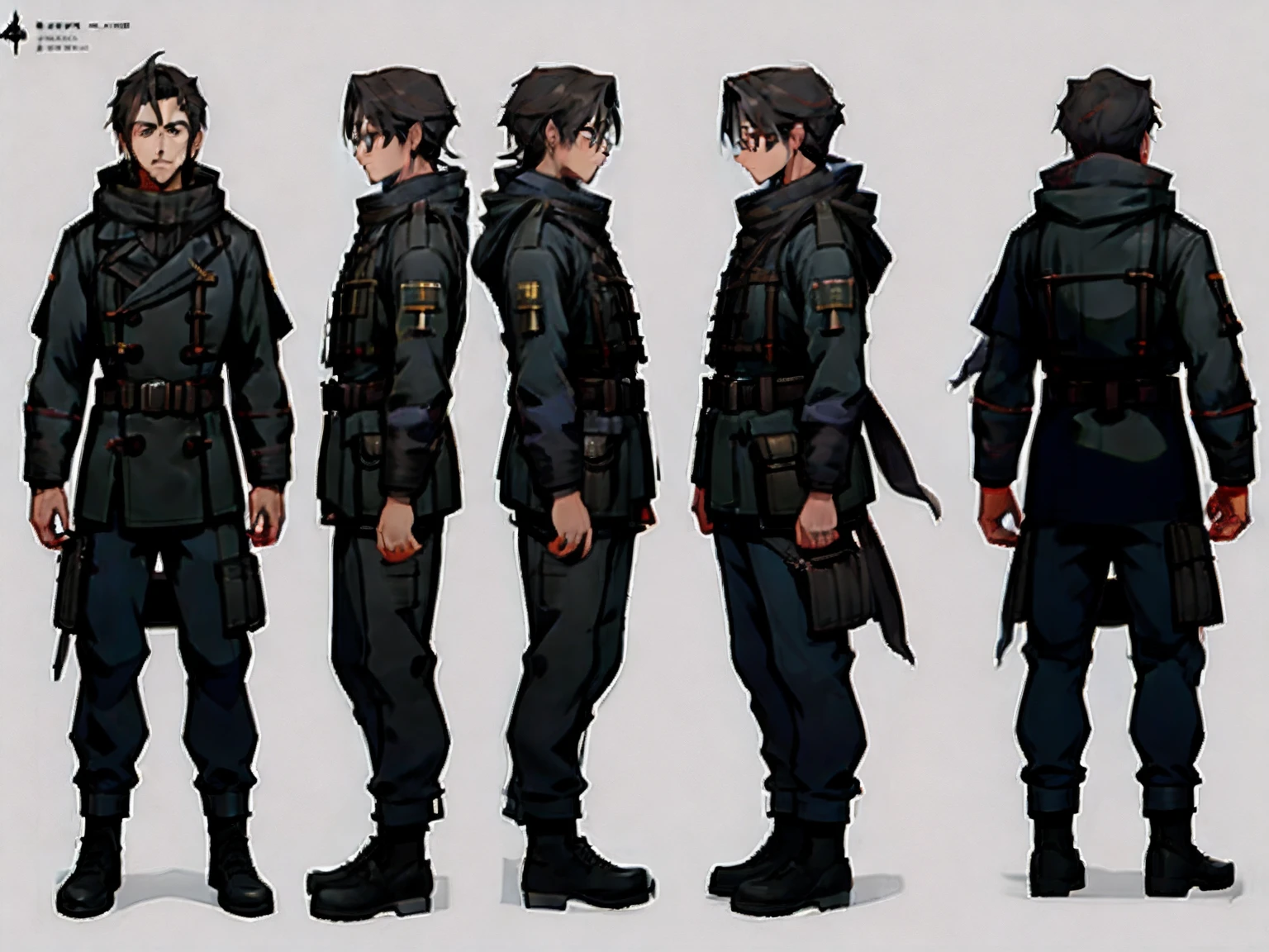 ((master part)),(((best quality))),（CharacterDesignSheet,Mesmo papel,Fachada,Face lateral,on back),illustration,1st grade，Shota，(High Definition Quality，Masterpiece level)，corpo inteiroesbian，Forma de rosto redondo，wear glasses，Os olhos castanhos e a cor dos cabelos pretos curtos ecoam uns aos outros，Linhas limpas de um casaco de trincheira militar branco-cinza，Show the modesty and confidence of the character，There is a name tag on the chest，Brown and black scarf，ligeiramente tonificado, K HD |，tmasterpiece，cabelos pretos, olhos castanhos，Slim branco cinza tecnologia sentido trench coat militar，sem capuz，brown scarf，loose pants，postapocalyptic style， Arte conceitual de personagens 8K， 8 Post-apocalyptic resonances， estilo de arte conceitual， Amazing 8K character concept art，Funcional e elegante