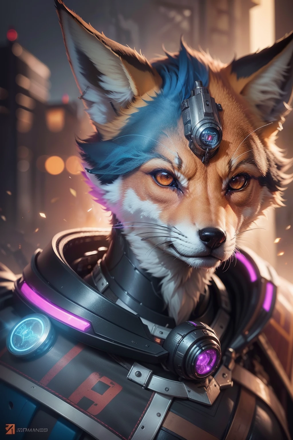Angry fox god, closeup, steampunk, fera, forte, musculoso, cyberpunk cybernetic armor, dentes afiados, ilustradores Artstation, detalhes intrincados, rosto, retrato de corpo inteiro, illustration, UHD, 4K hiper realista, enigmatic, altamente detalhado, foco nítido, profissional, 8k UHD , cinemactic, selvagem, violento, dramatic, vivid, Nervous vibration, epic, HDR, album cape, fogo, poderoso. rosa, amarelo e azul, neon
