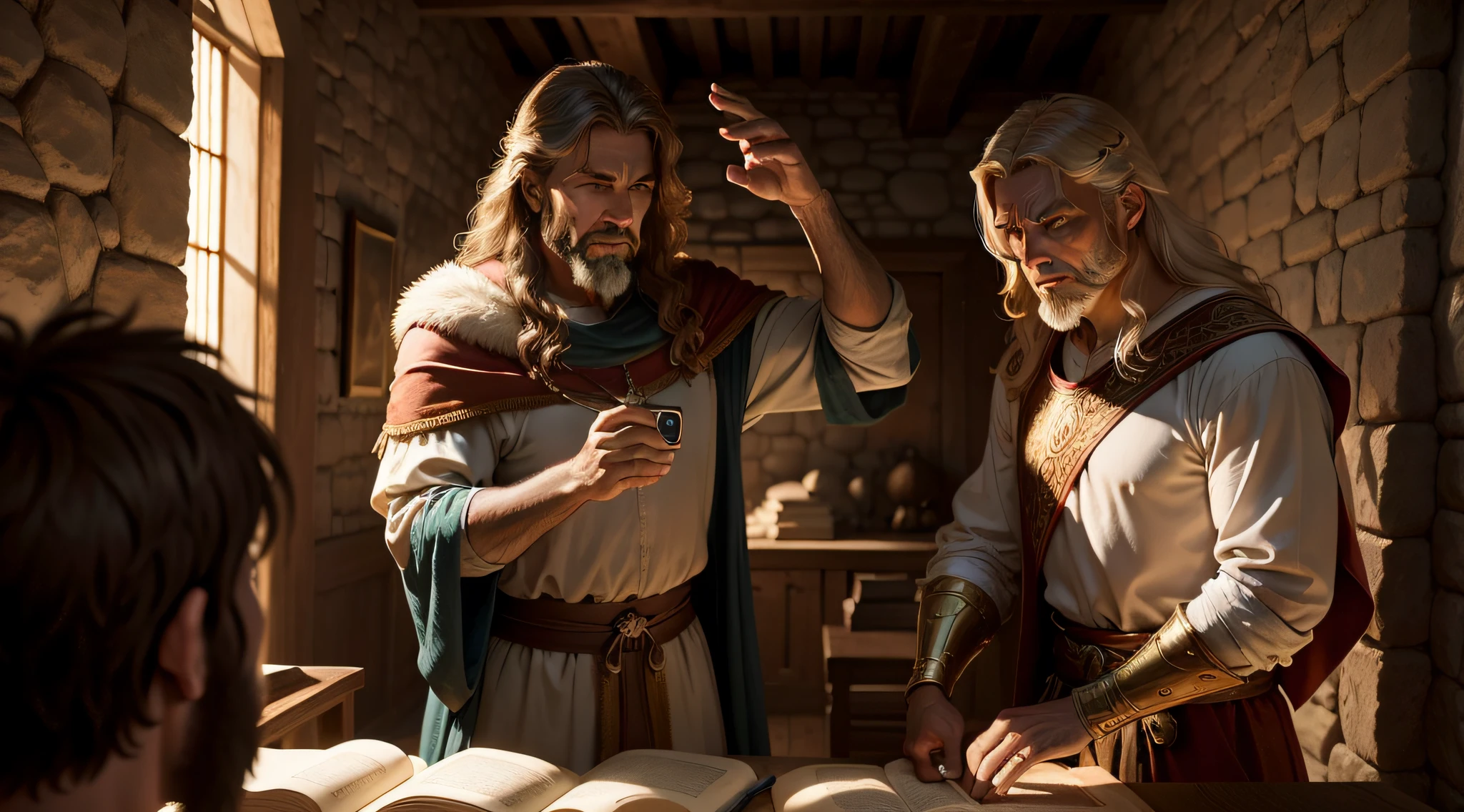 uma foto de homem rezando em seu quarto com janela , Bastidores: Quarto medieval, epic biblical depiction of Daniel in the lion's den, Senhor das Bestas, Deus olhando para mim, Directed by: Howard Lyon, Senhor da Selva , bible illustration, biblical image, Directed by: Leonardo Longo, Rei da selva, prophetic art