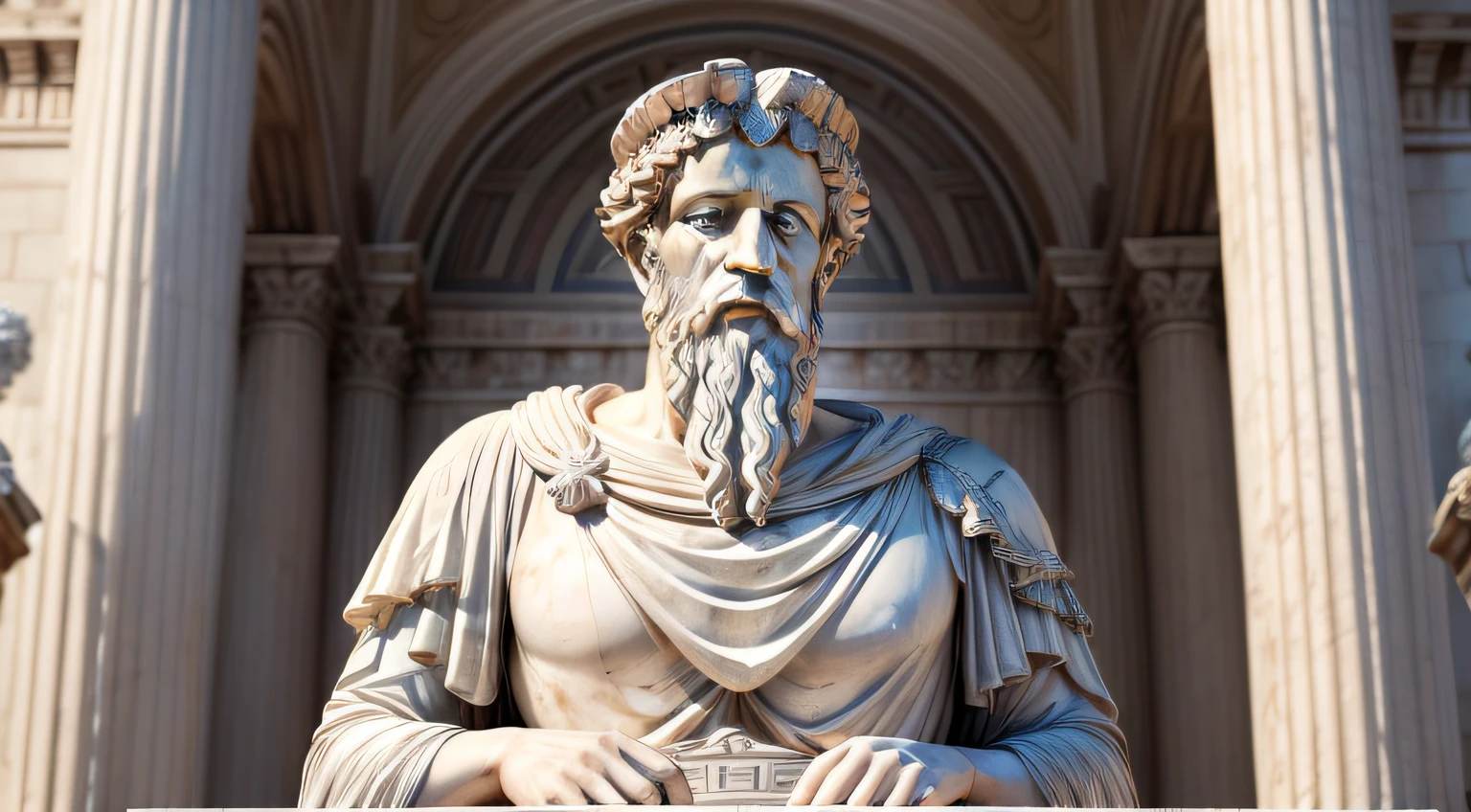 photo of a carefully detailed realistic Greek white marble statue of Marcus Aurelius, estoico, 8k, ultra realista, ambiente grego, Fujifilm XT3