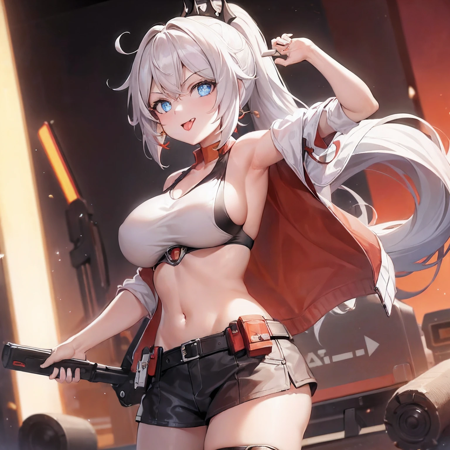 ((1girl)), hands up, long hair, ponytail, (tank-top), jacket, open shoulder, cowboy shot, (bikini), (big breast), red background, open mouth, red eyes, flushed, stick out her tongue out at viewer, smile, gun