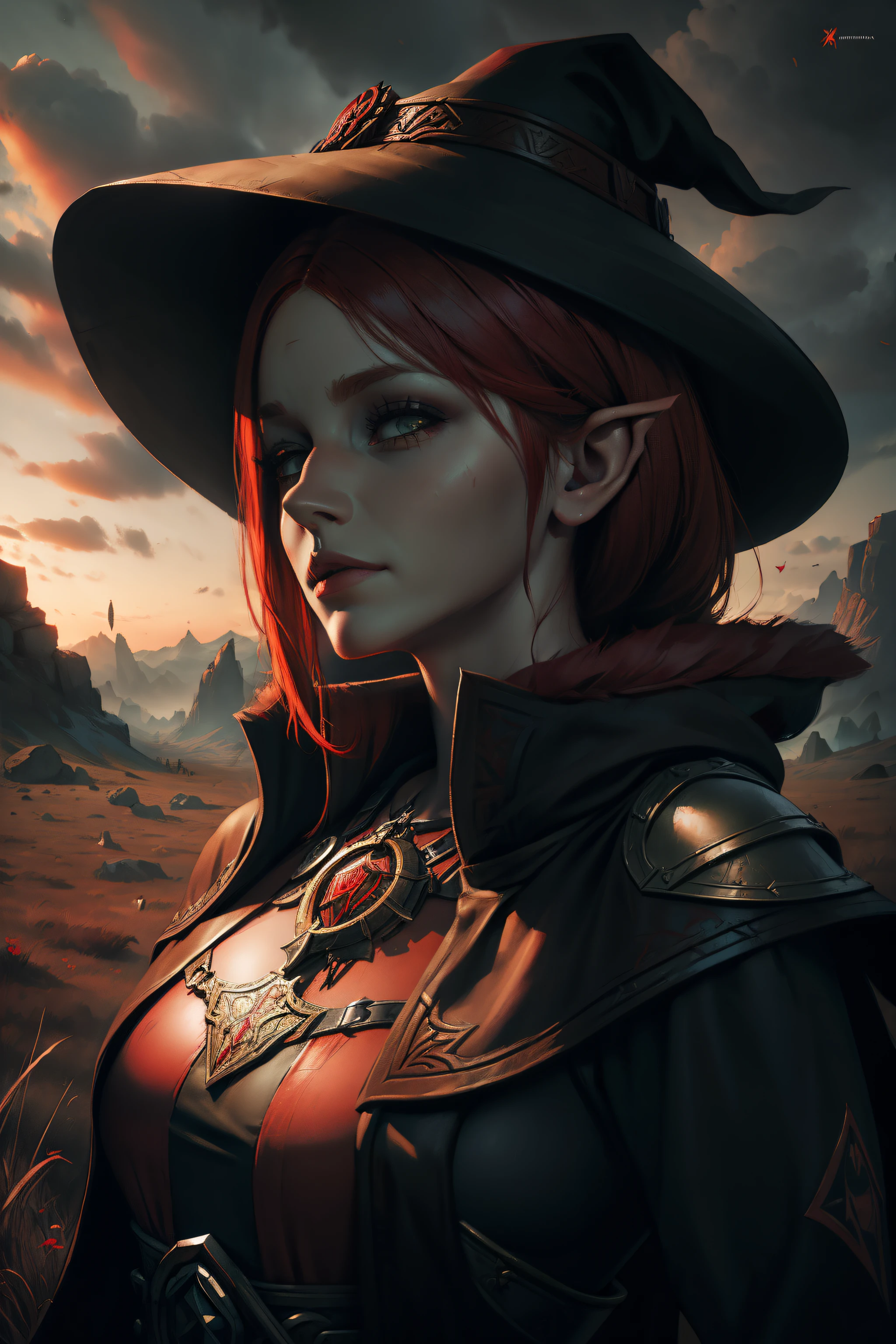 A woman with red hair and a cloak stands in a field, portrait of a female mage, alexandra fomina artstation, female redhead templar, fantasy character portrait, Portrait of a Bloody Hunter, Fantasy genre portrait, Portrait of a Sorceress, Elf, young girl, diablo 4 lilith, epic and classy portrait, triss merigold cosplay, Epic character portrait