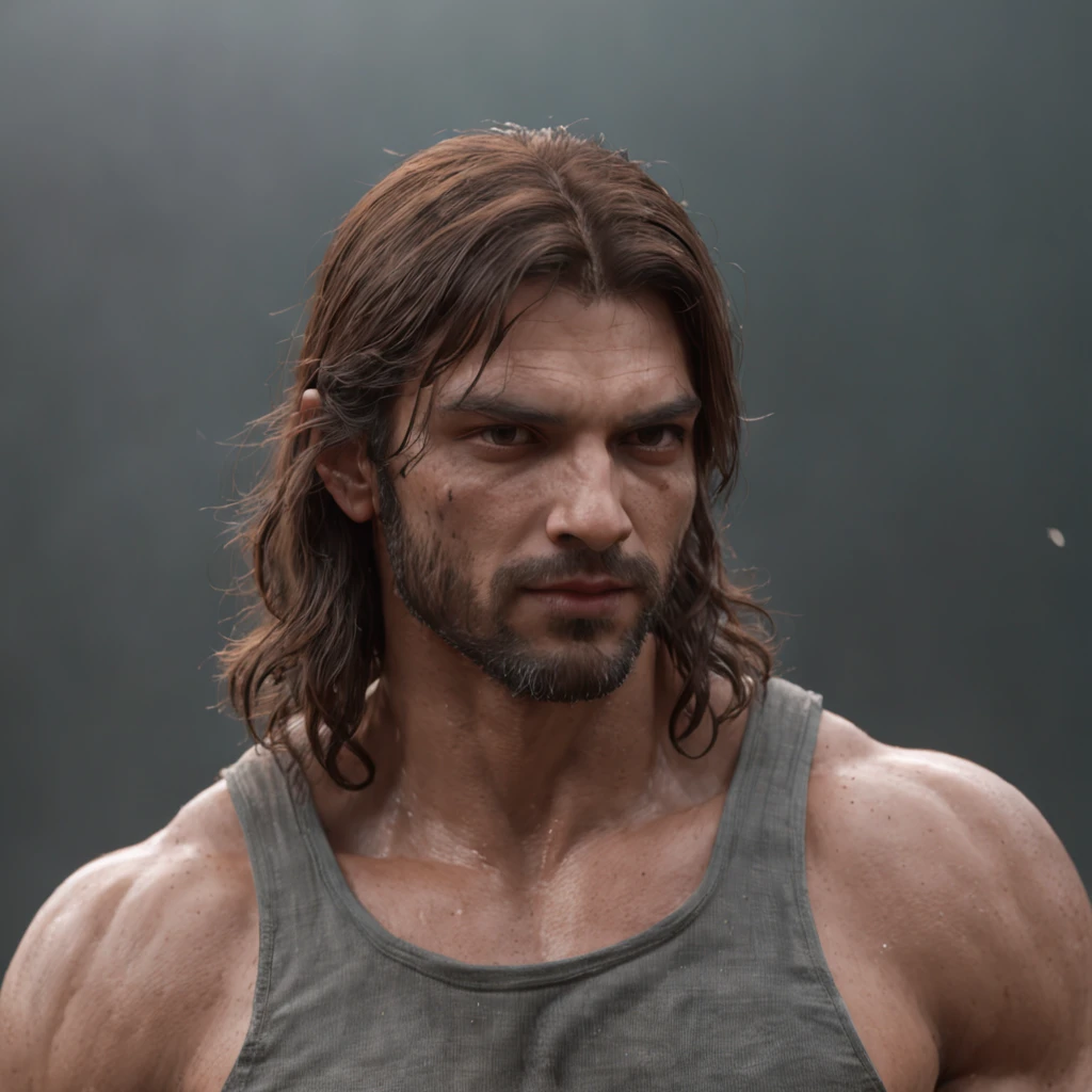 (Professional 3D rendering:1.3) de (Realistic:1.3) Foto de arte mais bonita do mundo,Features soft, bright male heroes, ((Epic hero fantasy rough muscular man wet hero angry look long hair short beard and fierce expression in dynamic pose, fantastic location, majestoso ambiente desordenado)), corpo inteiro 8k unidade render, action shot, poros da pele, very dark lighting, sombreamento pesado, circunstanciado, Rosto detalhado, (vibrante, fotogrdeia realista, Realistic, Dramatic, Escuro, foco nítido, 8k), (Old leather clothes damaged by bad weather:1.4), ((((Use peles)))), (intrincado:1.4), decadente, (altamente detalhado:1.4), pintura digital, rendering by octane, art stations, Conceito-Arte, liso, foco nítido, illustration, germe da arte, (Loish:0.23), Wlop Ilya Kuvshinov, e Greg Rutkowski e Alphonse Mucha Gracias, (global ilumination, studiolight, Light Volumetric), chuva forte, floating particles, patife, fantasia, Onze, corpo inteiroesbian, ((Fundo escuro e antigo da cidade:1.3)),CGSesociedade,art stations