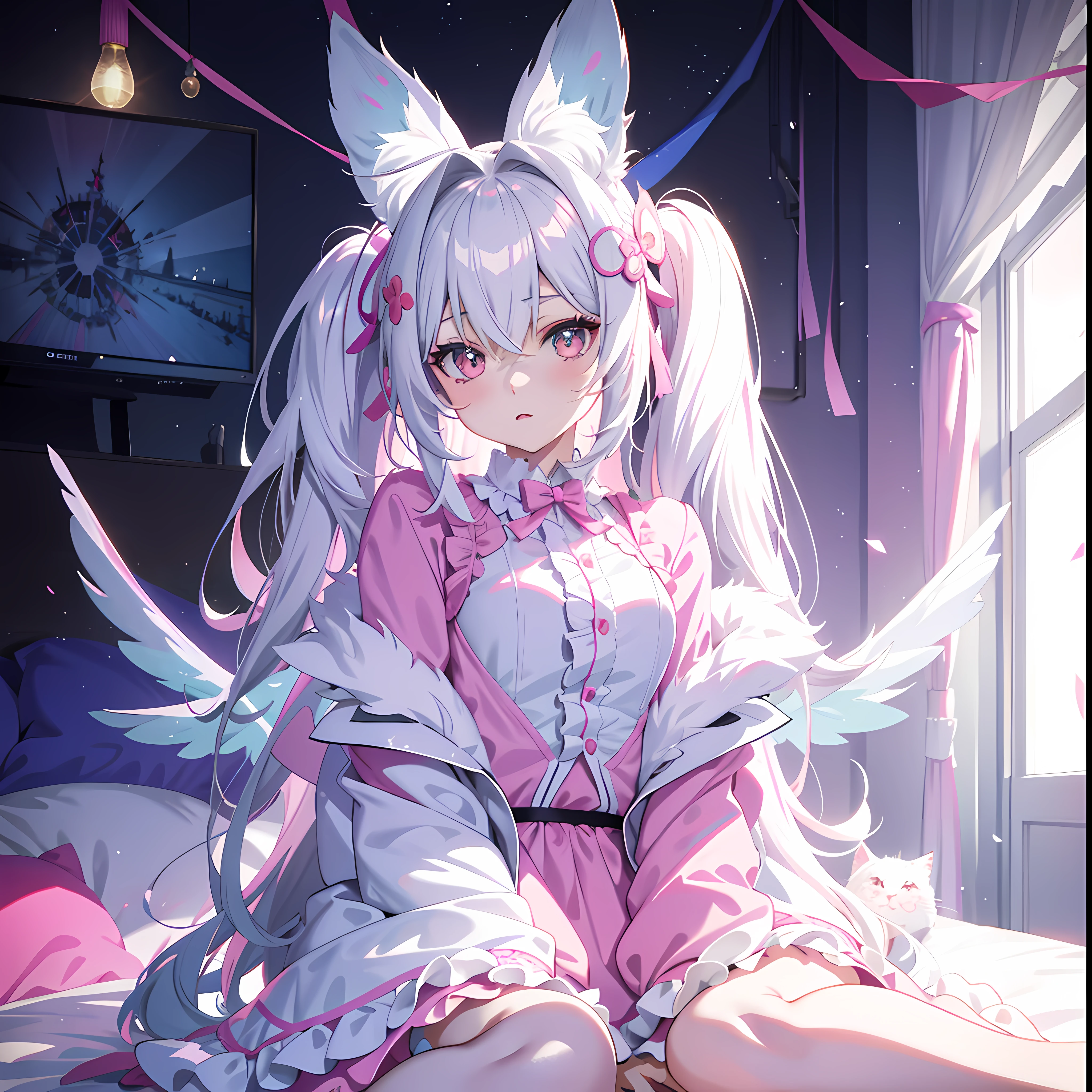 anime girl with long white hair sitting on a bed with a pink dress, nightcore, anime girl with cat ears, very beautiful anime cat girl, white cat girl, cute anime catgirl, beautiful anime catgirl, anime art wallpaper 8 k, anime style 4 k, best anime 4k konachan wallpaper, anime art wallpaper 4k, anime art wallpaper 4 k
